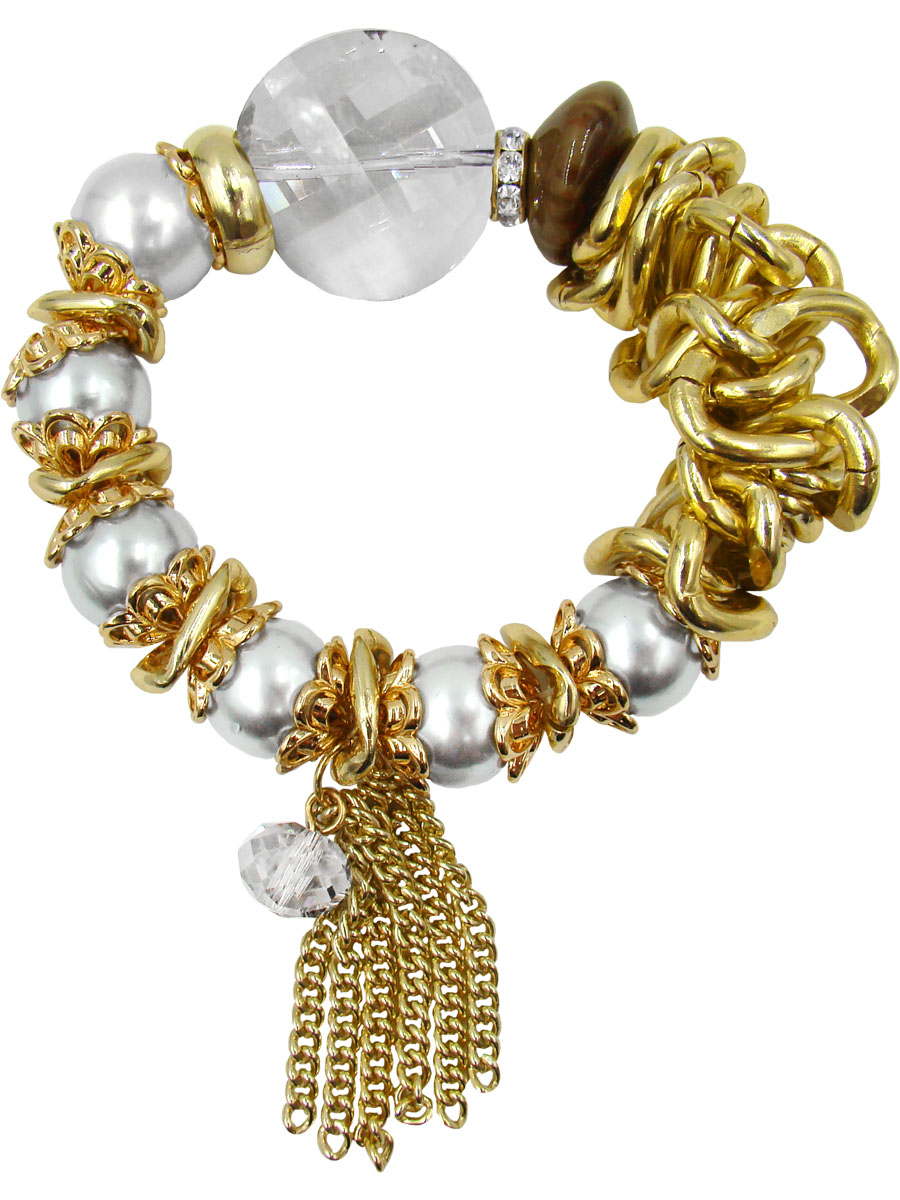 Браслет женский Taya, цвет: золотой. T-B-9970-BRAC-GOLDT-B-9970-BRAC-GOLD Браслет женский Taya, цвет: золотой. T-B-9970-BRAC-GOLDT-B-9970-BRAC-GOLDКреативный браслет в стиле бохо. Каждая жемчужина этого браслета, будь она белого или серого цвета, обрамлена роскошными золотыми чашечками-лепестками. Огранка самого крупного кристалла позволяет вглядываться в него, как в необычное зеркало.