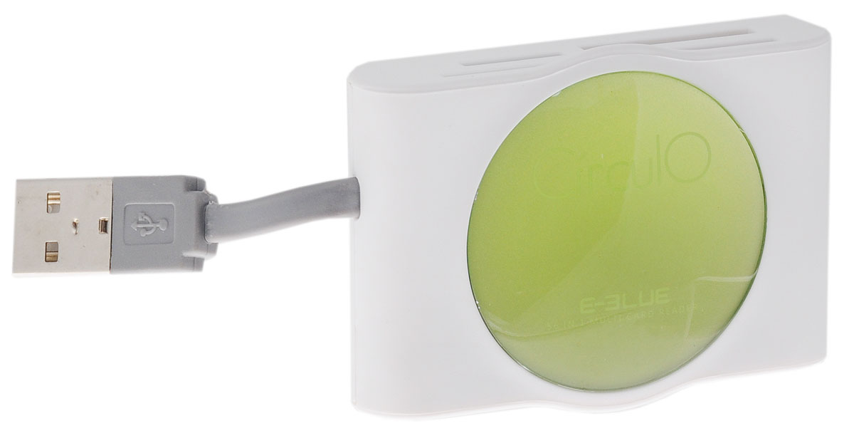 E-Blue ERD053 Circulo, White картридерERD053WH E-Blue ERD053 Circulo, White картридерERD053WHКартиридер E-Blue ERD053 Circulo предназначен для чтения всех типов карт памяти. Это устройство нового поколения, идеально совместимый с любым ПК и ноутбуком, а также с различными операционными системами, включая Mac, Windows, Linux. E-Blue ERD053 Circulo оснащен гибким USB-коннектором и шестью слотами для 56 видов карт памяти: SD Multi Media Card Mini SD RS MMC Memory Stick Memory Stick Pro SDHC TransFlash Ultra DMA Mode CF Memory Stick Pro-HG M2 и другие Скорость передачи данных через USB 2.0 достигает 480 Мб/с, что в 40 раз быстрее USB 1.1. Кроме того, в комплектацию входит специальный мини-диск для синхронизации данных с SIM-карты.