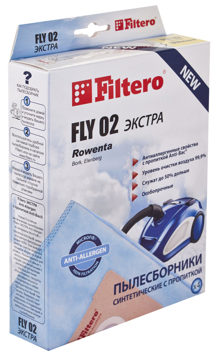 Filtero Fly 02 Экстра комплект пылесборников, 4 штFLY 02 (4) ЭКСТРА Filtero Fly 02 Экстра комплект пылесборников, 4 штFLY 02 (4) ЭКСТРАFiltero Fly 02 Экстра произведены из синтетического микроволокна MicroFib, пятислойные. Очень прочные, не боятся острых предметов и влаги, собирают больше (до 50%) пыли, чем бумажные. Обеспечивают уровень очистки воздуха НЕРА. Сохраняют мощность всасывания в течение всего периода службы пылесборника. Антибактериальная пропитка Anti-Bac защищает от аллергенов и угнетает размножение бактерий в мешке. Рекомендуются для семей с детьми, людей страдающих аллергией и заболеваниями дыхательных путей. Подходят для следующих моделей пылесосов: ALPINA SF 2202; ATLANTA ATH 3250, 3450; BIMATEK V 1001 - V 1004, V 1008, V 1009, V 1011, V 1416, V 2001, V 2115, V 2116, V 5001, V 5003, V 6314; BORK VC 1316, 1416, 1715; CAMERON CVC 1010; CLATRONIC BS 1222, 1230; ELEKTA EVC 1450, 1, 2450 Hurricane; ELENBERG VC 2010, 2015, 2020, 2022,...