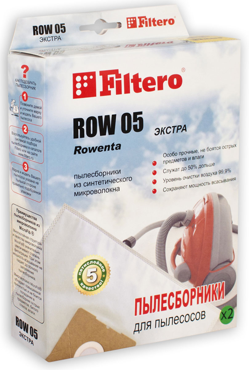 Filtero ROW 05 Экстра комплект пылесборников, 2 штROW 05 (2) ЭКСТРА Filtero ROW 05 Экстра комплект пылесборников, 2 штROW 05 (2) ЭКСТРАПылесборники Filtero ROW 05 Экстра произведены из синтетического микроволокна MicroFib. Очень прочные, они не боятся острых предметов и влаги, собирают больше пыли (до 50%) и обеспечивают уровень очистки воздуха 99,9%, что значительно выше, чем у бумажных пылесборников. При этом мощность всасывания пылесоса сохраняется в течение всего периода службы пылесборника. Подходят для следующих моделей пылесосов: Rowenta^ Bully RB 08, 14, 50 - 70, RB 500 - RB 526, RB 602, RB 700 - RB 720, RB 800 - RB 860 Turbo Bully, Super Bully 5 in 1 RD 200, RD 215, RH 05, RH 10 - RH 12, SC 020 RU 01 - 15, RU 020, RU 065, RU 070, RU 071 RU100 - RU 110, RU 200,RU 600 -RU 699, SC 020 Clean Wash, Collecto AEG: NT 1200 Bosch: BMS 1000 - BMS1999, BMS 2100 - BMS 2299 например: BMS 1300 Siemens: VM 10000 - 10999, 15000 - 15999, 30000 - 39999 например: VM 35001 BORK: VC 9509 GR, VC...
