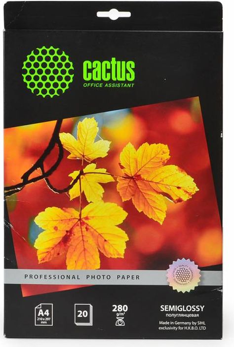 Cactus Prof CS-SGA428020 A4/280г/м2 полуглянцевая фотобумага для струйной печати (20 листов)CS-SGA428020 Cactus Prof CS-SGA428020 A4/280г/м2 полуглянцевая фотобумага для струйной печати (20 листов)CS-SGA428020Полуглянцевая фотобумага Cactus Prof CS-SGA428020 для струйной печати. Превратите ваши фотографии в произведения искусства и сохраните их в первозданном виде на многие годы. Фотобумага серии Cactus Professional незаменима для печати цифровых фотографий с максимальным разрешением. Высококлассное покрытие и современная полимерная основа фотобумаги Cactus Professional гарантируют максимально точную цветопередачу. Совместима со струйными принтерами Hewlett Packard, Canon, Epson и другими марками. Рекомендуется для профессионального использования в фотостудиях, дизайнерских и художественных бюро.