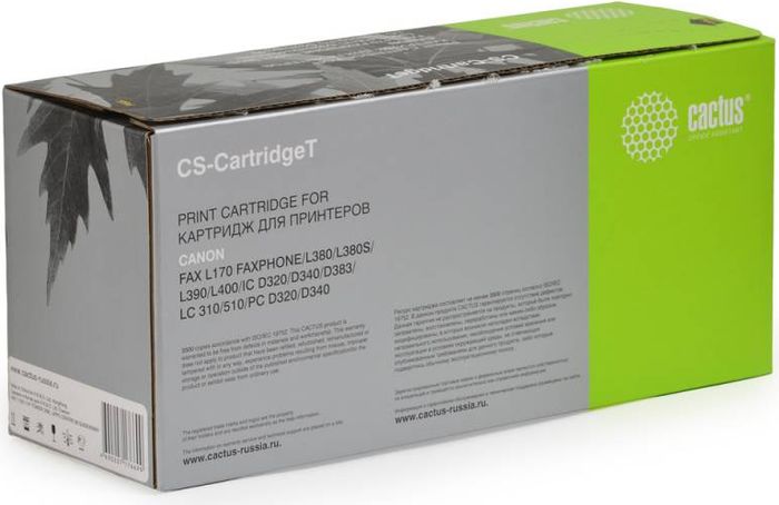 Cactus CS-CartridgeT, Black тонер-картридж для Canon L170/L380/L380S/L390/L400/IC D320/D340/D383/LC 310/510/PC D320/D340CS-CARTRIDGET Cactus CS-CartridgeT, Black тонер-картридж для Canon L170/L380/L380S/L390/L400/IC D320/D340/D383/LC 310/510/PC D320/D340CS-CARTRIDGETТонер-картридж Cactus CS-CartridgeT для лазерных принтеров Canon L170/L380/L380S/L390/L400/IC D320/D340/D383/LC 310/510/PC D320/D340. Расходные материалы Cactus для лазерной печати максимизируют характеристики принтера. Обеспечивают повышенную чёткость чёрного текста и плавность переходов оттенков серого цвета и полутонов, позволяют отображать мельчайшие детали изображения. Гарантируют надежное качество печати.