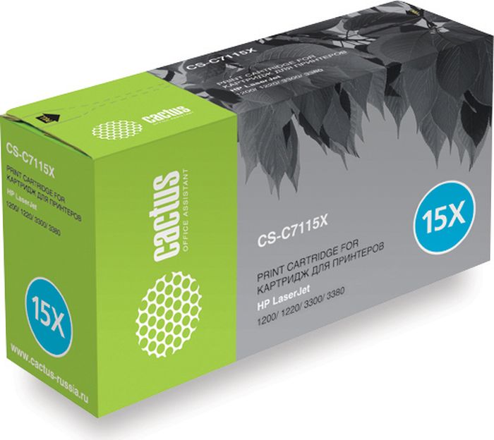 Cactus CS-C7115XS, Black тонер-картридж для HP LJ 1200/1220/1300/3300/3380CS-C7115XS Cactus CS-C7115XS, Black тонер-картридж для HP LJ 1200/1220/1300/3300/3380CS-C7115XSТонер-картридж Cactus CS-C7115XS для лазерных принтеров HP LJ 1200/1220/1300/3300/3380. Расходные материалы Cactus для лазерной печати максимизируют характеристики принтера. Обеспечивают повышенную чёткость чёрного текста и плавность переходов оттенков серого цвета и полутонов, позволяют отображать мельчайшие детали изображения. Гарантируют надежное качество печати.