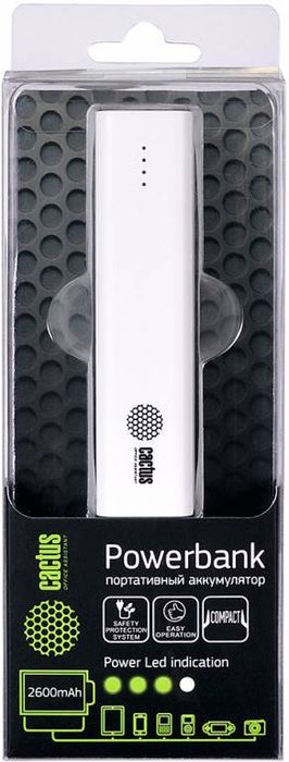 Cactus CS-PBAS120-2600WT, White внешний аккумулятор (2600 мАч)CS-PBAS120-2600WT Cactus CS-PBAS120-2600WT, White внешний аккумулятор (2600 мАч)CS-PBAS120-2600WTМодель мобильного аккумулятора Cactus CS-PBAS120-2600 имеет доступную цену и компактный размер. Этот PowerBank предназначен для тех, кому необходим доступный вариант дополнительной батареи для мобильных устройств, а также тех, кто хочет очень легкое и портативное зарядное устройство. Для зарядки устройств используется USB выход, а индикатор заряда аккумулятора даст понять, когда нужно зарядить пауэрбанк.