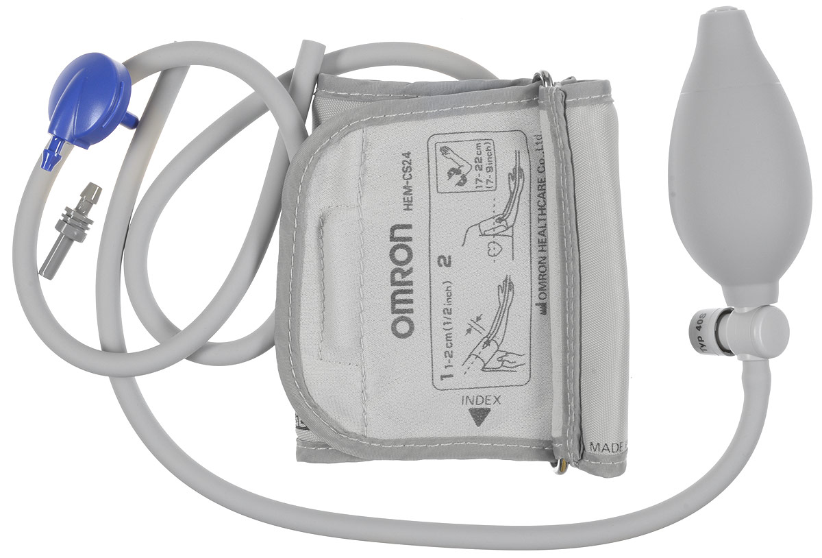 Манжета Omron CS2 Small Cuff and Inflation Bulb (HEM-CS24) педиатрическая c грушейУТ000001264 Манжета Omron CS2 Small Cuff and Inflation Bulb (HEM-CS24) педиатрическая c грушейУТ000001264Малая (педиатрическая) веерообразная манжета Omron CSB2 (HEM-CSB24) с грушей, для рук с охватом плеча 17 - 22 см., разработана для детей и взрослых хрупкого телосложения и подходит для всех полуавтоматических тонометров Omron с фиксацией манжеты на плечо.
