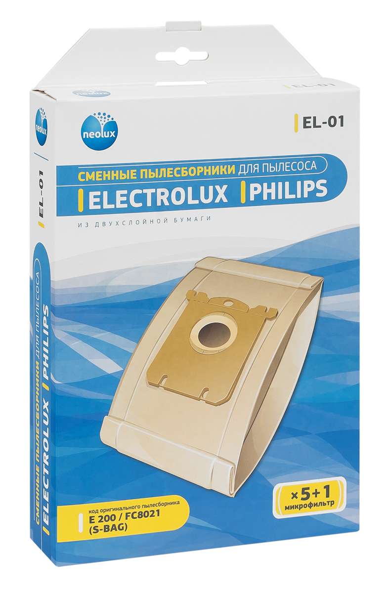 Neolux EL-01 бумажный пылесборник (5 шт) + микрофильтрEL-01 Neolux EL-01 бумажный пылесборник (5 шт) + микрофильтрEL-01Пылесборники Neolux EL-01 предназначены для пылесосов Electrolux, Philips. Изготовлены из двухслойной фильтровальной бумаги. Обеспечивают идеальное качество уборки. В комплект входит универсальный фильтр защиты двигателя размером 125х195 мм. Совместимые модели: Electrolux: Airmax, Clario, Cyclonexl, Ergobox, Ergoeasy, Ergospace, Excellio, Maximus, Oxy, Oxygen, Smartvac, Ultra Active, Ultra One, Ultra Silencer, Viva Quipstop, Viva Control Philips: Airstar, City-Line, Easylife, Expression, Homehero, Impact, Jewel, Mobilo, Performer, Performeractive, Performerexpert Eco, Performerpro, Powerlife, Silentstar, Smallstar, Specialist, Studio(Power), Universe.