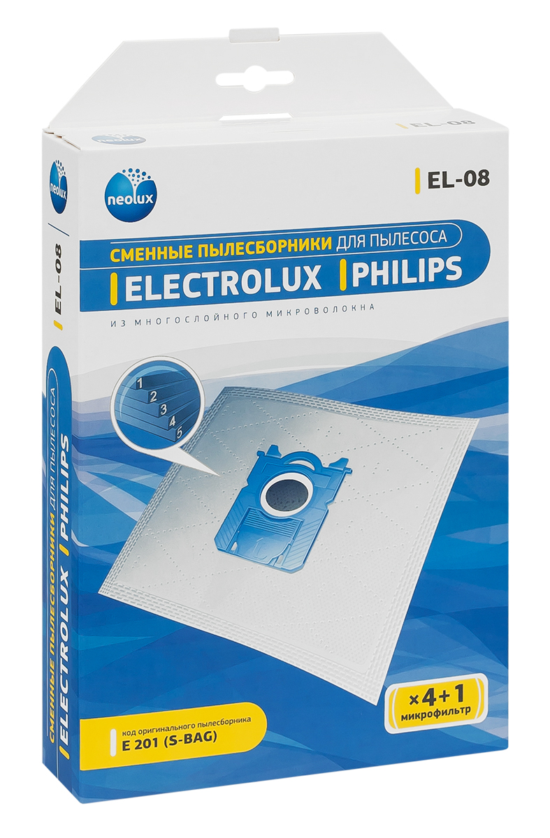 Neolux EL-08 пылесборник из пятислойного микроволокна (4 шт) + микрофильтрEL-08 Neolux EL-08 пылесборник из пятислойного микроволокна (4 шт) + микрофильтрEL-08Пылесборники Neolux EL-08 предназначены для пылесосов Electrolux, Philips. Изготовлены из пятислойного микроволокна и содержат 2 слоя Meltblown, которые и являются основными фильтрующими элементами. Задерживают 99,9 % пыли, идеальны для людей, страдающих аллергией. Не боятся случайного попадания влаги и острых предметов. Служат в 1,5 раза дольше бумажных пылесборников. Продлевают срок службы двигателя пылесоса. Сокращают время уборки за счет сохранения мощности двигателя пылесоса. В комплект входит универсальный фильтр защиты двигателя размером 125х195 мм. Совместимые модели: Electrolux: Airmax, Clario, Cyclonexl, Ergobox, Ergoeasy, Ergospace, Excellio, Maximus, Oxy, Oxygen, Smartvac, Ultra Active, Ultra One, Ultra Silencer, Viva Quipstop, Viva Control Philips: Airstar, City-Line, Easylife, Expression, Homehero, Impact, Jewel, Mobilo, Performer, Performeractive, Performerexpert Eco, Performerpro, Powerlife, Silentstar, Smallstar, Specialist,...