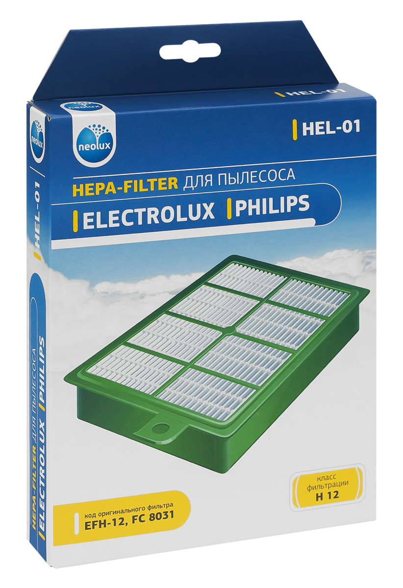 Neolux HEL-01 HEPA-фильтр для пылесоса Electrolux, PhilipsHEL-01 Neolux HEL-01 HEPA-фильтр для пылесоса Electrolux, PhilipsHEL-01HEPA фильтр Neolux HEL-01 предназначен для пылесосов Electrolux, Philips. Обладает высочайшей степенью фильтрации, задерживает 99,5% пыли. Благодаря специальным свойствам фильтрующего материала, фильтр улавливает мельчайшие частицы, позволяя очищать воздух от пыльцы, микроорганизмов, бактерий и пылевых клещей. Предотвращает попадание пыли в механическую часть пылесоса, тем самым продлевая срок службы пылесоса и сохраняют чистоту воздуха. Совместимые модели: Electrolux: Accelerator, Airmax, Bolido, Clario, Ergospace, Ergospace, Excellio, Jetmaxx, Maximus, Oxy3system, Oxygen, Scanimal, Scorigin, Scparkett, Smartvac, Ucorigin, Ultraflex, Ultraone, Ultraperformer, Ultra Silencer, Usdeluxe, Usorigindb, Zucallflr, Zucanimal, Zucdeluxe, Zusenergy, Philips: Ergofit, Jewel, Marathon, Performer, Performerpro, Powerpro, Silentstar, Studio(Power).