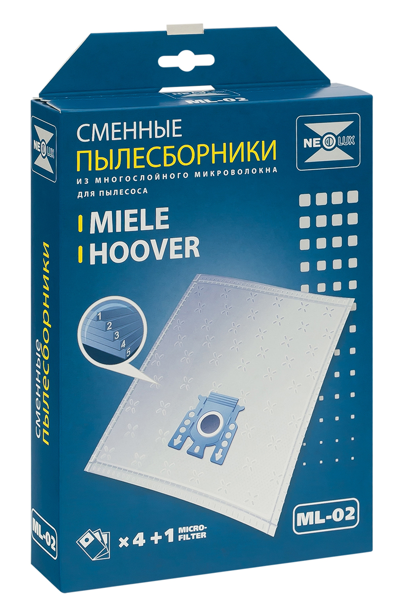 Neolux ML-02 пылесборник из пятислойного микроволокна (4 шт) + микрофильтрML-02 Neolux ML-02 пылесборник из пятислойного микроволокна (4 шт) + микрофильтрML-02Пылесборники Neolux ML-02 ( тип G, N) предназначены для пылесосов Miele. Изготовлены из пятислойного микроволокна и содержат 2 слоя Meltblown, которые и являются основными фильтрующими элементами. Задерживают 99,9 % пыли, идеальны для людей, страдающих аллергией. Не боятся случайного попадания влаги и острых предметов. Служат в 1,5 раза дольше бумажных пылесборников. Продлевают срок службы двигателя пылесоса. Сокращают время уборки за счет сохранения мощности двигателя пылесоса. В комплект входит универсальный фильтр защиты двигателя размером 125х195 мм.