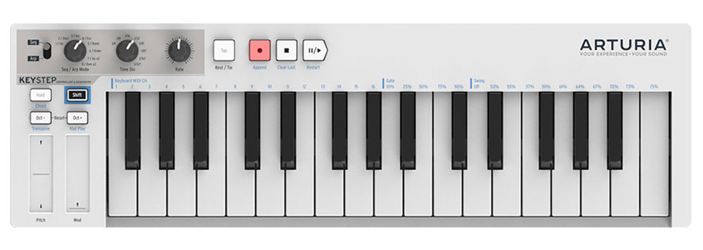 Arturia KeyStep MIDI-клавиатураKeyStep Arturia KeyStep MIDI-клавиатураKeyStepArturia KeyStep стильная и недорогая MIDI-клавиатура. Данная модель оснащена встроенным полифоническим шаговым секвенсором, имеет три различных режима работы и продвинутые возможности подключения. MIDI- клавиатура оснащена качественной клавиатурой с 32 мини-клавишами, обеспечивающей естественные ощущения при игре. Особенности: Встроенный 64-шаговый 8-нотный полифонический секвенсор Арпеджиатор с 8-ю режимами и режим воспроизведения аккордов Множество вариантов подключения Возможность управления любым цифровым или аналоговым синтезатором Сенсорные ленточные контроллеры Pitch Bend и Modulation Питание по шине USB или от опционального внешнего адаптера (продается отдельно) Питание от iPad (необходим опциональный адаптер Camera Connection Kit)