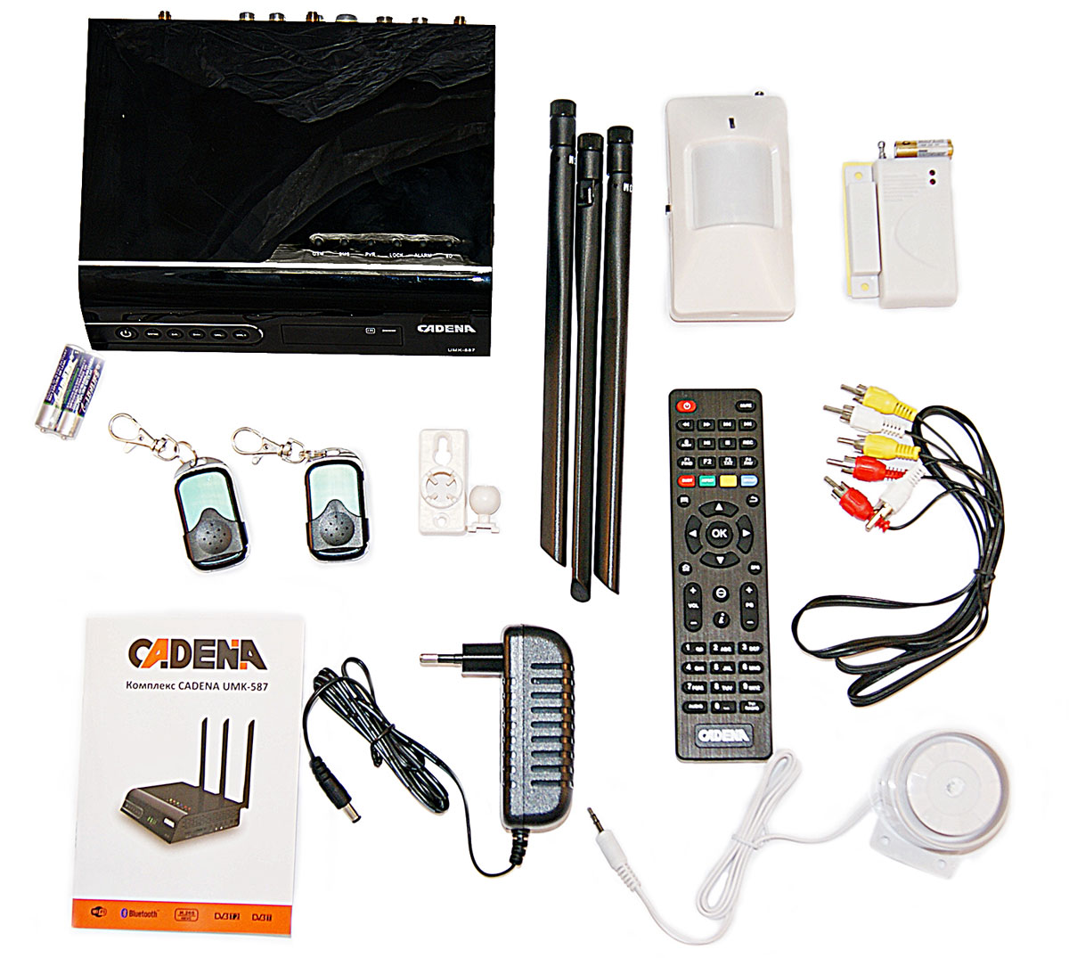 Cadena UMK-587 мультимедийный комплекс с набором датчиковUMK-587 Cadena UMK-587 мультимедийный комплекс с набором датчиковUMK-587Комплекс Cadena UMK-587 воплощает в себе самые важные функции, которые необходимы человеку для ежедневного комфорта и безопасности в квартире, в доме и на даче. Беспроводной датчик движения предназначен для обнаружения проникновения в закрытое охраняемое помещение и формирования извещения об этом событии, путем передачи сигнала на комплекс. ИК-датчик движения формирует в пространстве объемную зону обнаружения. Снабжен радиопередатчиком на 100 метров. Беспроводной датчик открытия двери предназначен для обнаружения проникновения в закрытое охраняемое помещение путем контроля открытия подвижных элементов строительных конструкций (окон, дверей, люков и др.) и отправления сигнала на комплекс. Снабжен радиопередатчиком на 100 метров. Проводная сирена является идеальным решением для подачи мощных звуковых сигналов тревоги. Звук сирены напоминает милицейскую сирену и слышен на очень большом расстоянии. 2 мощных процессора на борту...