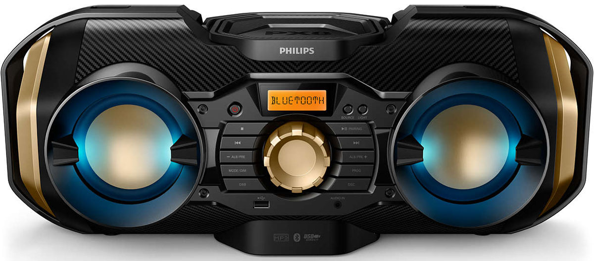 Philips PX840T/12 магнитола c CDPX840T/12 Philips PX840T/12 магнитола c CDPX840T/12Портативная магнитола c CD Philips PX840T/12 позволяет легко воспроизводить музыку с любимых источников — Bluetooth, USB, CD или радио FM/MW. Встроенная система динамичной подсветки и мощность 50 Вт для исключительных впечатлений при прослушивании. Танцуйте под зажигательный ритм. Подсветка мерцает в такт музыке, делая вечеринку еще более зажигательной. Если подсветка не нужна, ее можно просто отключить. Динамичная подсветка сделает вечеринку, праздник или любое другое событие просто незабываемым. Bluetooth — надежная и энергоэффективная технология беспроводной связи малого радиуса действия, которая позволяет с легкостью подключать iPod/iPhone/iPad и другие Bluetooth-устройства, например смартфоны, планшетные компьютеры и ноутбуки. Теперь вы сможете без проводов воспроизводить на этой акустической системе любимую музыку и звук во время игр или просмотра видео. Формат MP3 — это революционная технология сжатия, благодаря которой большие...