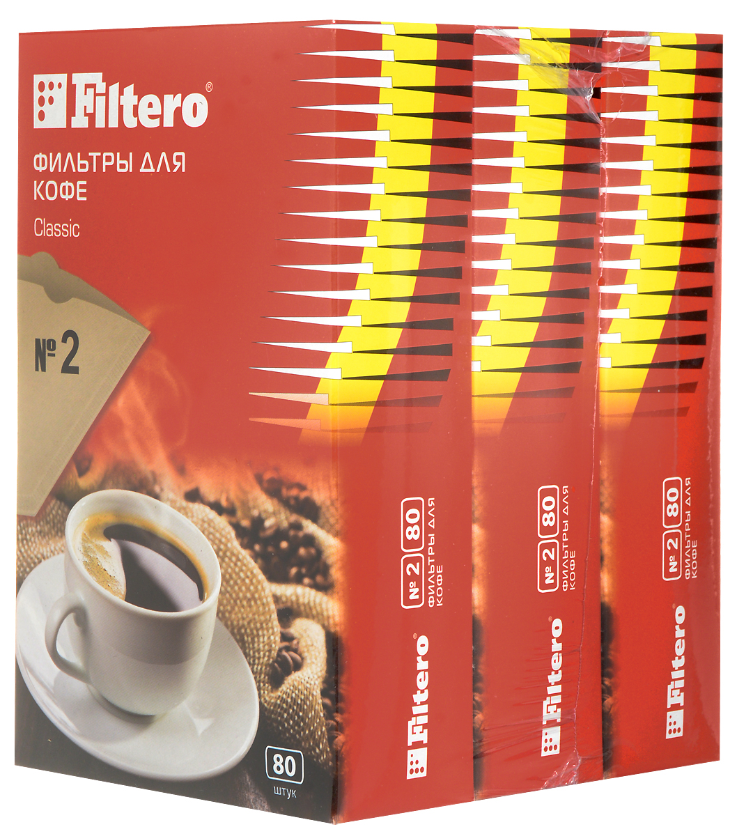 Filtero Classic №2 комплект фильтров для кофеварок, 240 шт2/240 Filtero Classic №2 комплект фильтров для кофеварок, 240 шт2/240Бумажные одноразовые фильтры Filtero Classic №2 предназначены для кофеварок капельного типа на 6-8 чашек и для чашки-кофеварки Filtero. Превосходно сохраняют аромат и оригинальный вкус кофе.