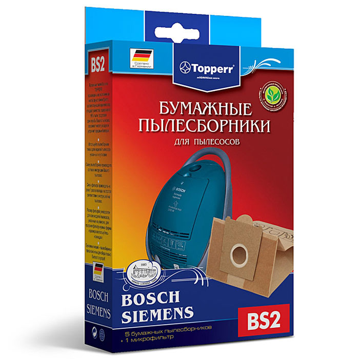 Topperr BS 2 фильтр для пылесосов Bosch, Siemens, 5 шт1001 Topperr BS 2 фильтр для пылесосов Bosch, Siemens, 5 шт1001Бумажные пылесборники Topperr BS 2 для пылесосов Bosch и Siemens изготовлены из экологически чистой двухслойной бумаги, соответствующей европейскому стандарту качества, задерживают 99% пыли, продлевая срок службы пылесоса, сохраняют чистоту воздуха и устраняют вредные бактерии. Модели и серии пылесосов: Bosch: Home Professional BSGL 5 PRO; Free`e BSGL 52; GL-30 BSGL 3; GL-40 BSGL 4; Formula Hygienixx BSG 7; Logo BSG 6; Sphera BSA 2, BSA 3, BSD2, BSD 3; Move BSGL 2move (1-8); Perfecta Ultra BSF 1; Casa BSD 1; Natura BSD 2; Easy Control BSC 1; Perfecta BBS 8; Compacta BBS 7; Activa BBS 6; Optima BBS 5; Maxima BBS 4; Alpha1 BBS 1, Alpha2 BBS 2; Solida BBS 1; Solitaire BSA 2. Siemens: Z3.0 VSZ3; Z4.0 VSZ 4; Z5.0 VSZ5; Z6.0 VSZ 6; Technopower VS 07G; Synchropower VS 06G; Dino VS 5.A(B)(C)(E); VS 04G; SuperL(XL) VS 9.A; VS 81A; SuperE VS 7.A(B)(C)(D), VS 33A(B); VS 32A(B); Super700 VS 7; Super690 VS 69; SuperM VS 6.A, VS 7.C(D); Super500 VS 5; SuperS VS 42A(B),...