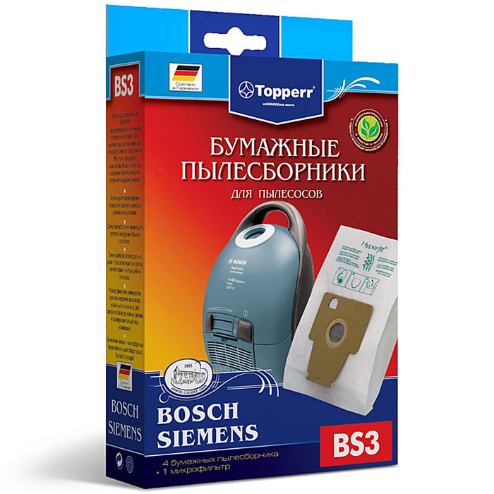 Topperr BS 3 фильтр для пылесосов Bosch, Siemens, 4 шт1002 Topperr BS 3 фильтр для пылесосов Bosch, Siemens, 4 шт1002Бумажные пылесборники Topperr BS 3 для пылесосов Bosch и Siemens изготовлены из экологически чистой трехслойной бумаги, соответствующей европейскому стандарту качества, задерживают 99% пыли, продлевая срок службы пылесоса, сохраняют чистоту воздуха и устраняют вредные бактерии. Модели и серии пылесосов: Bosch: Ergomaxx professional BSG 8; HomeProfessional BSG8PRO Siemens: Dynapower VS 08G, Compressor technology VS 08 GP