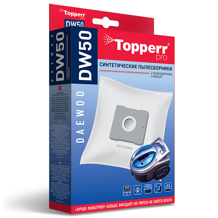 Topperr DW50 фильтр для пылесосов Daewoo, 4 шт1403 Topperr DW50 фильтр для пылесосов Daewoo, 4 шт1403Синтетические пылесборники Topperr DW50 подходят для пылесосов Daewoo произведены из нетканого фильтрующего материала. Данный материал не боится повышенной влажности и обладает большой прочностью, главное качество – способность задерживать 99,5% пыли. Регулярное использование синтетических мешков-пылесборников гарантирует не только очищение воздуха от пыли и аллергенных микроорганизмов, но и чистоту внутренних поверхностей пылесоса. Модели и серии пылесосов: Daewoo: RC-8200, RC-8500 S, RC-8600, RC-2006, RC-2500, RC-6016, RC 1504, RC 1650, RC 3504, RC-5001, RC-5002, RC-6001, RC-6002, RCP-1000, RC 103, RC 105, RC 106, RC 107, RC 108, RC 109, RC 110, RC 160, RC 161, RC 170, RC 171, RC 172, RC 173, RC 190, RC 191, RC 192, RC 193, RC 202, RC 205, RC 208, RC 209, RC 210, RC 405, RC 406, RC 407, RC 450, RC 505, RC 550, RC 605, RC 606, RC 607, RC 608, RC 609, RC 705, RC 707, RC 7006, VC 6714, VC 7114, Compakt, Koala.