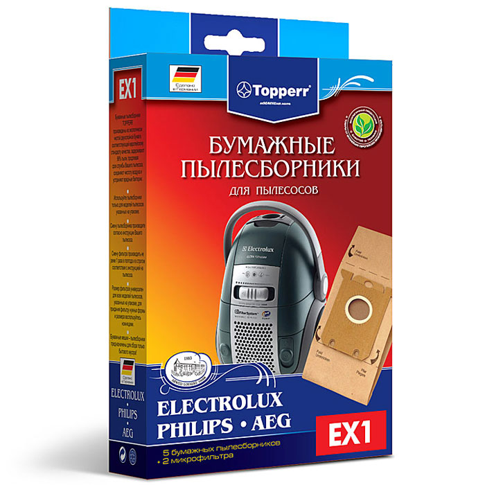 Topperr EX 1 фильтр для пылесосов AEG, Bork, Electrolux, Philips, Zanussi, 5 шт1010 Topperr EX 1 фильтр для пылесосов AEG, Bork, Electrolux, Philips, Zanussi, 5 шт1010Бумажные пылесборники Topperr EX 1 для пылесосов AEG, Bork, Electrolux, Philips, Zanussi изготовлены из экологически чистой двухслойной бумаги, соответствующей европейскому стандарту качества, задерживают 99% пыли, продлевая срок службы пылесоса, сохраняют чистоту воздуха и устраняют вредные бактерии. Модели и серии пылесосов: AEG: Clario AEC7570-AEC7572; Maximus AM, MX; Oxy3 System AOS9300-AOS9352; Oxygen+ AE7300-AE7399; QS Elegance AVQ; System Pro P1-P999; Ultra Silencer AUS4030-AUS4040; Viva Control AVC1100-AVC1230; Viva QuickStop AVQ2100-AVQ2190 Bork: VC SHB 9016, 9118, 9818, 9919 Electrolux: Maximus ZXM 70; Classic Silence ZCS 21; JetMaxx ZJM 68; Essensio ZEO 54; UltraOne Z 88, Z90; Oxygen+ Z 73; Oxygen Z 5; UltraSilencer ZUSG 39, ZUS 39, ZUS 33, Z 33; Ergobox Twintech XXLTT; Clario Z 19, Z 20, Z 75; Clario2 ZP 35; ErgoSpace ZE 22, ZE 3; XXL; Airmax ZAM 61, ZAM 62; CE ZCE 1800, ZCE 2200; Excellio Z 5; Smartvac Z 5; VivaControl ZV 10; ...