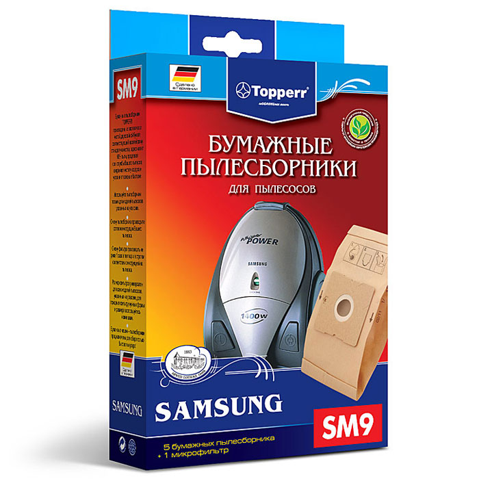 Topperr SM 9 фильтр для пылесосов Samsung, 5 шт1032 Topperr SM 9 фильтр для пылесосов Samsung, 5 шт1032Бумажные пылесборники Topperr SM 9для пылесосов Samsung изготовлены из экологически чистой двухслойной бумаги, соответствующей европейскому стандарту качества, задерживают 99% пыли, продлевая срок службы пылесоса, сохраняют чистоту воздуха и устраняют вредные бактерии. Модели и серии пылесосов: Samsung: SC 75.., SC 72.., SC 70.., SC 69.., SC 54.., SC 53.., SC 52.., SC 51.., SC 31.., VC 58.., VC 59.., VC 61.., VC 62.., VC 63.., VC 64.., VC 67.., VC 68.., VC 69.., VC 71.., VC 86