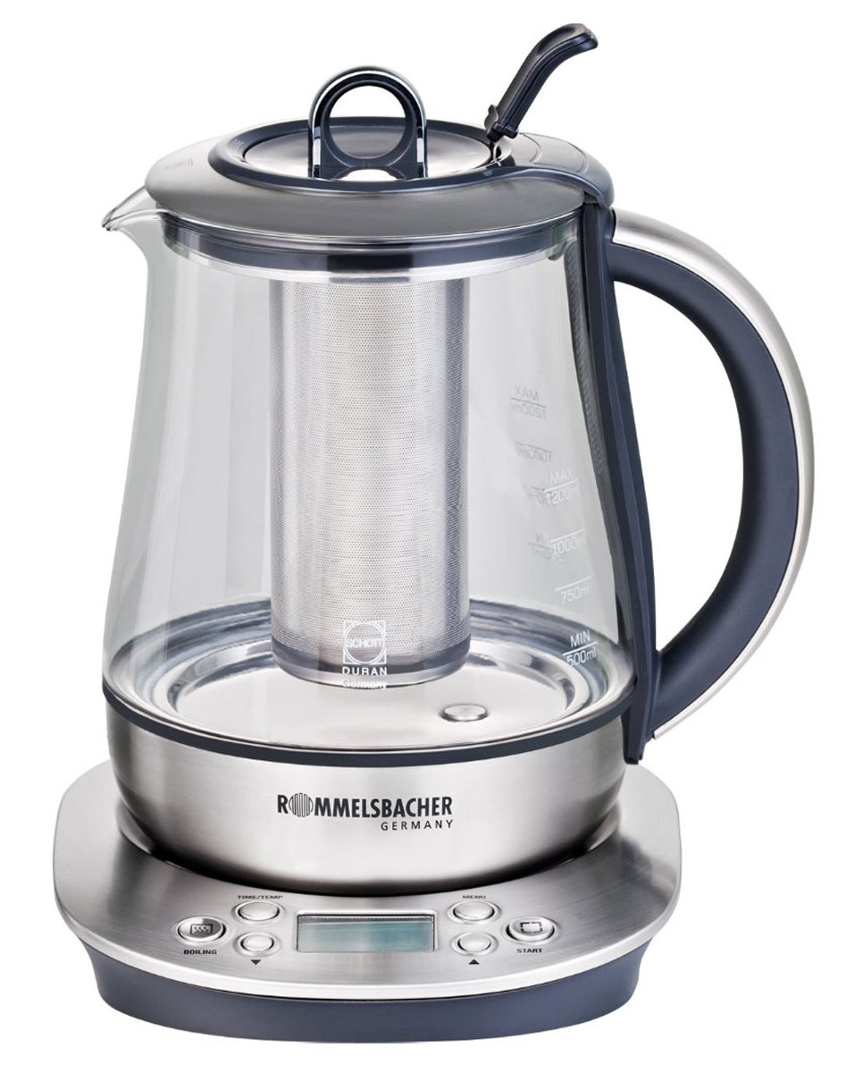 Rommelsbacher TA 1400, Silver электрический чайникTA 1400 Rommelsbacher TA 1400, Silver электрический чайникTA 1400Rommelsbacher TA 1400 - это мощная (1400 Вт) модель большого объема (1,7 л), оснащенная встроенным заварником и кувшином из стекла Schott Duran. С помощью этого чайника вы сможете приготовить чай на большую компанию за считанные минуты. Вращающийся корпус сделает использование чайника еще более удобным, а фильтр избавит от попадания накипи в чашку. 5 предустановленных программ Стеклянный кувшин из стекла Schott Duran Рекомендуемый объём для заваривания чая 1,2 литра Электронная установка температуры нагрева от 50 °C до 100 °С с шагом 5 °С Установка времени заваривания до 10 минут Звуковой сигнал при достижении заранее выбранной температуры или окончании заваривания Поддержание установленного уровня температуры в течении 30 минут LCD дисплей