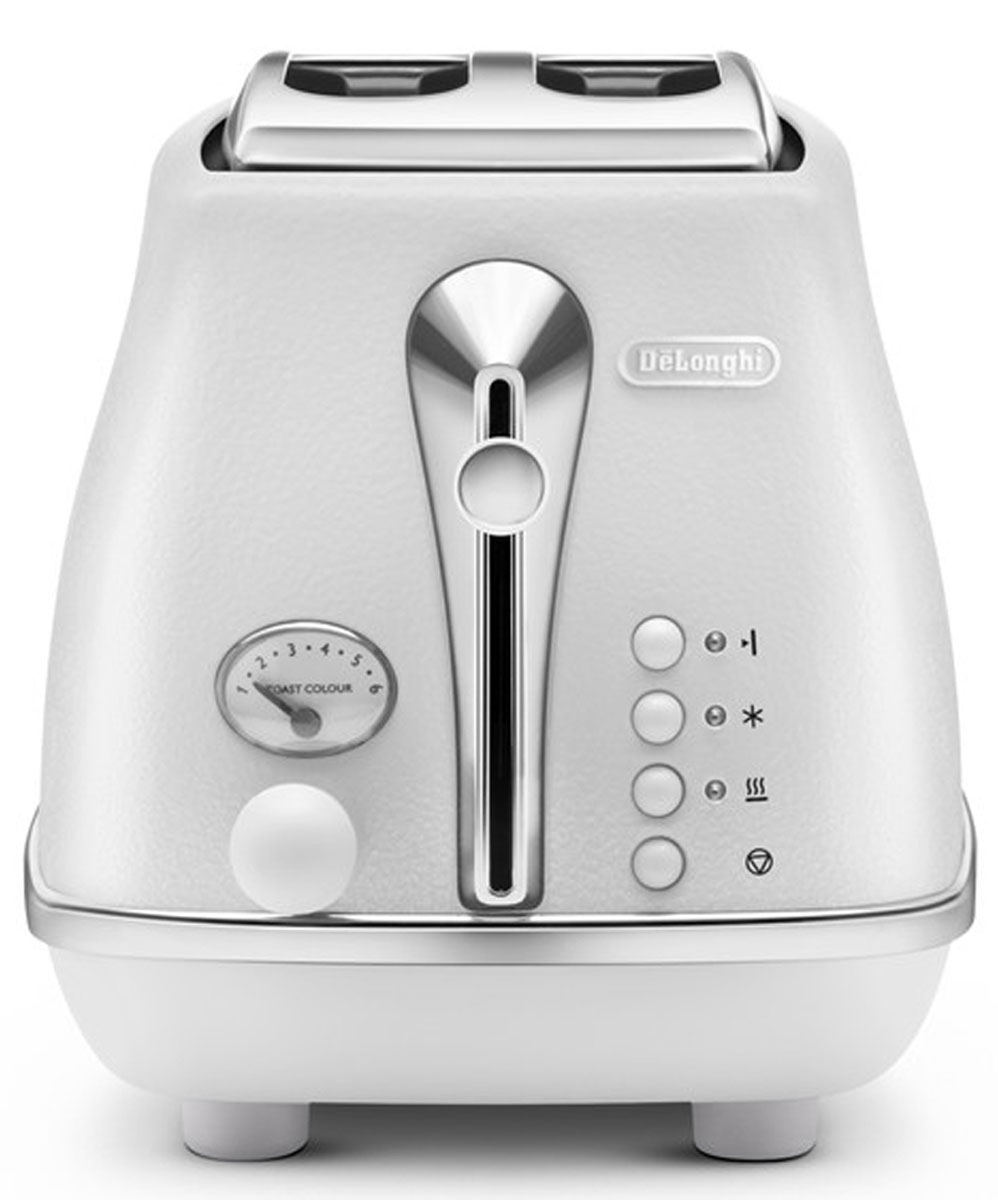 DeLonghi Icona Elements CTOE2103.W, White тостер0230120023 DeLonghi Icona Elements CTOE2103.W, White тостер0230120023Корпус придает внешнему виду тостера DeLonghi CTOE2103 строгость и в то же время особый шик. Хромированная отделка смотрится оригинально и гармонично. Кнопки управления имеют неоновую подсветку, так что в темное время суток вы без проблем сможете им управлять. Тостер выполнен в классическом стиле, который придется по душе людям с изысканным вкусом. Тостер DeLonghi CTOE2103 делает хрустящие гренки благодаря инфракрасному излучению от спиралей, находящихся внутри корпуса. Прибор работает на мощности 900 Вт, что делает его работу быстрой и результативной. Горячие тосты будут готовы всего за несколько минут. С первого взгляда может показаться, что тостер - это простое устройство лишь для поджаривания ломтиков хлеба. Но это не так! Функциональные возможности прибора намного шире. Функция подогрева пригодится вам для остывших тостов. Функция размораживания - для хлеба из морозильной камеры. Функция односторонний подогрев дает возможность и разогреть уже готовые хлебцы, и...