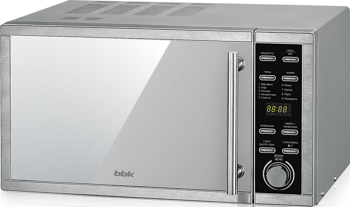 BBK 25MWC-990T/S-M, Silver СВЧ-печь25MWC-990T/S-M/RU BBK 25MWC-990T/S-M, Silver СВЧ-печь25MWC-990T/S-M/RUМощная и вместительная микроволновая печь BBK 25MWC-990T/S-M обладает прекрасными характеристиками. Зеркальная передняя панель, LED-дисплей и электронное управление – вот составляющие стильного и лаконичного дизайна современной техники для кухни. Функция Гриль позволит зажарить мясо с хрустящей корочкой, а благодаря функции Конвекция устройство можно использовать как традиционный духовой шкаф для выпекания. Доступны автоматические и комбинированные режимы приготовления блюд. Функция блокировки панели управления убережет от небезопасного взаимодействия ребенка с электроприбором. Благодаря встроенному в камеру вентилятору можно избавиться от лишних запахов.