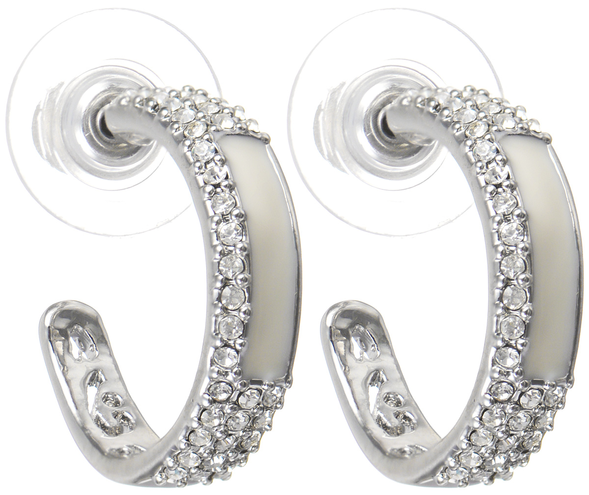 Серьги Fashion House, цвет: серебряный, белый. FH29545FH29545 Серьги Fashion House, цвет: серебряный, белый. FH29545FH29545Серьги Fashion House выполнены из металла в виде изящных полуколец, инкрустированы сверкающими стразами и пластиком под эмаль. Изделие оснащено удобным замком-гвоздиком. Это украшение одновременно подчеркнет вашу красоту и станет частью вашего образа. Серьги не затеряются на фоне остальных украшений, а сверкающие стразы прекрасно подойдут к множеству нарядов.