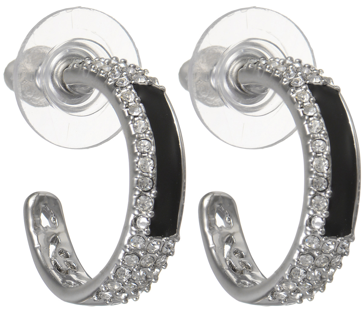 Серьги женские Fashion House, цвет: серебряный, черный. FH29546FH29546 Серьги женские Fashion House, цвет: серебряный, черный. FH29546FH29546Серьги Fashion House выполнены из металла в виде изящных колец, инкрустированы сверкающими стразами и пластиком под эмаль. Изделие оснащено удобным замком-гвоздиком. Это украшение одновременно подчеркнет вашу красоту и станет частью вашего образа. Серьги не затеряются на фоне остальных украшений, а сверкающие стразы прекрасно подойдут к множеству нарядов.