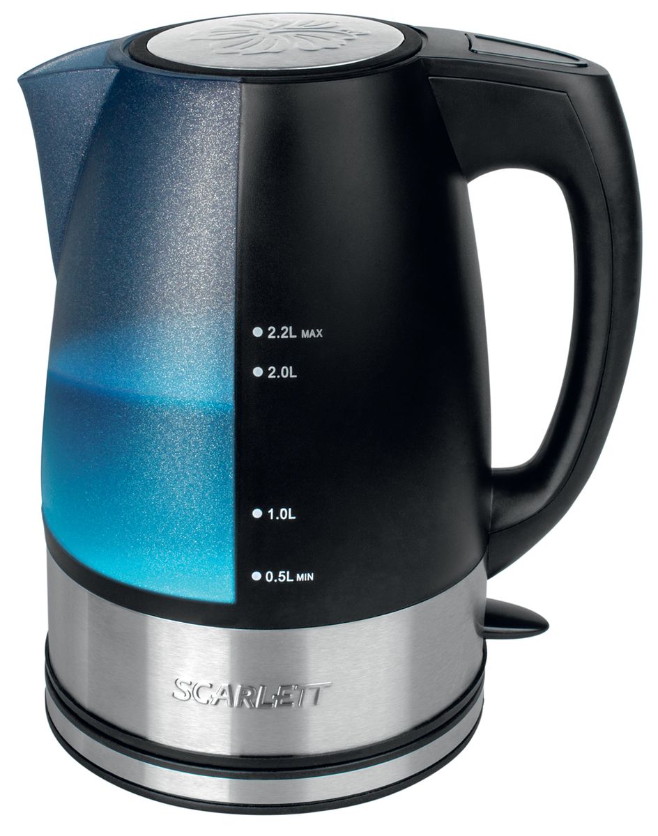 Scarlett SC-1020 электрический чайникSC-1020 Scarlett SC-1020 электрический чайникSC-1020Чайник электрический Scarlett SC-1020 изготовлен из прочного термостойкого пластика. Внутри прибора находится скрытый нагревательный элемент. Наличие подсветки делает его привлекательным во время эксплуатации. Подсветка голубого цвета позволяет определять количество жидкости в чайнике в темноте. Данная модель позволит быстро вскипятить до 2,2 литра воды благодаря мощности 2200 Вт.