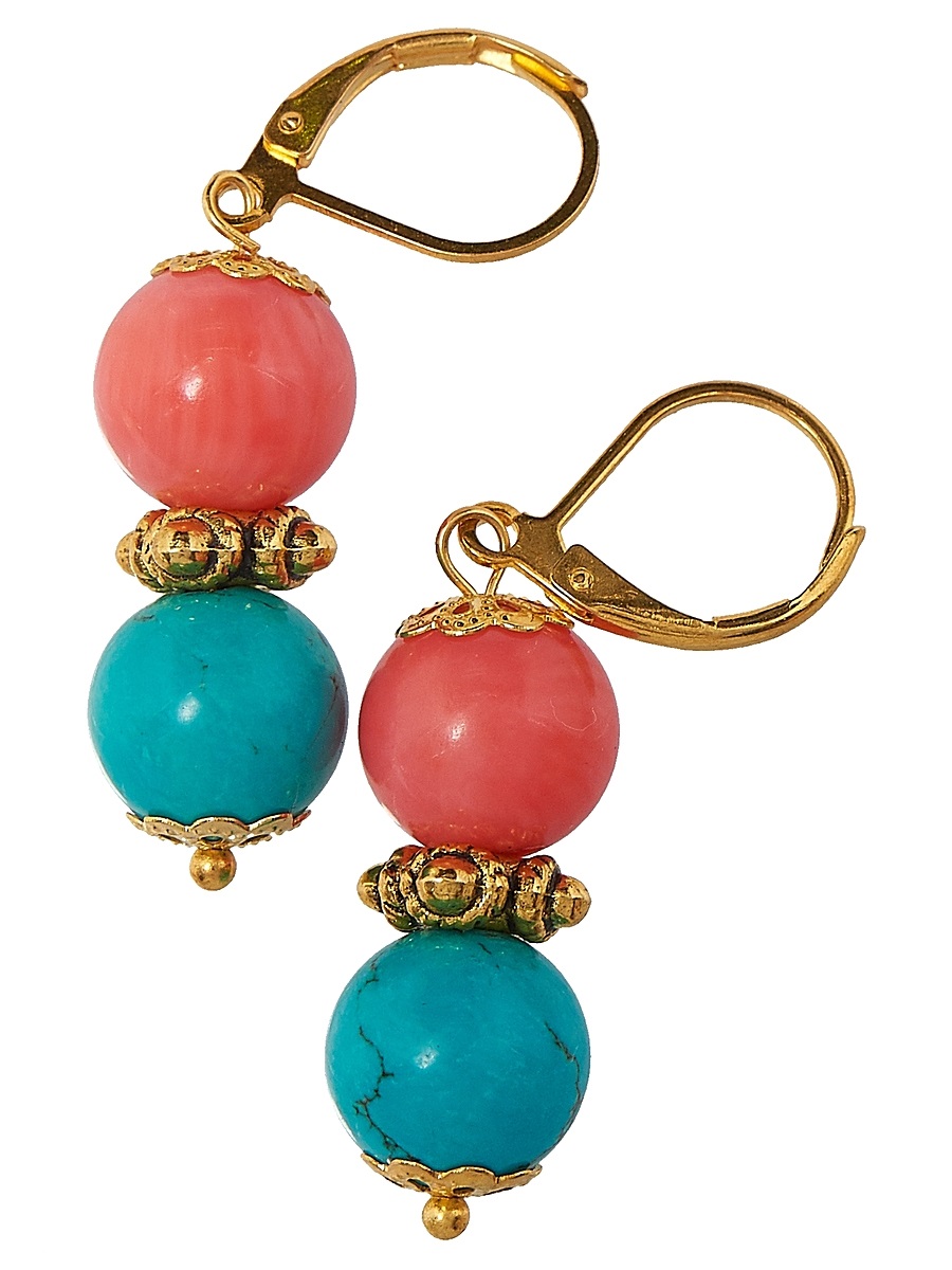 Серьги Polina Selezneva Шарики, цвет: коралловый, бирюзовый. 004-1103004-1103 Серьги Polina Selezneva Шарики, цвет: коралловый, бирюзовый. 004-1103004-1103Серьги Шарики выполнены из сплава и шариков коралла и гавлита различных размеров, расположенных друг над другом.