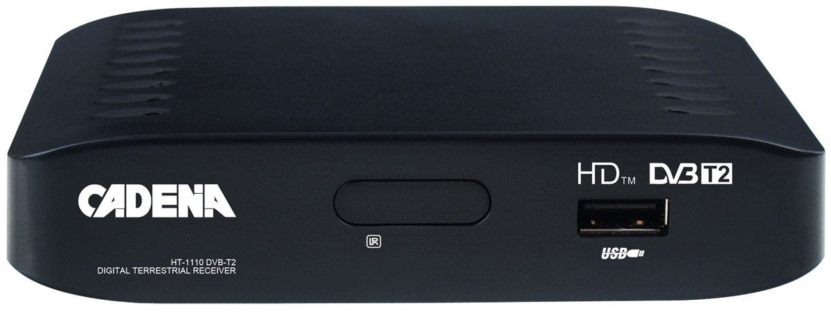 Cadena HT-1110 DVB-T2 ТВ-тюнерCadenaHT-1110 Cadena HT-1110 DVB-T2 ТВ-тюнерCadenaHT-1110Системный язык: многоязыковой, поддержка русских субтитров и телетекста Список ТВ и радио каналов 7-дневный EPG (электронный программный гид) Список избранного для радио и ТВ Поддерживаемые форматы: MP3, WMA, FLAC, JPG, JPEG,MPG, MPEG, VOB, AVI, TS, TRP, M2T, M2TS,MP4, MKV, MOV, DIVX Родительский контроль Запись и отложенный просмотр Телетекст: OSD Настройка времени и даты Легкость первичной настройки Сортировка программ: LCN Автоматический/ручной поиск каналов Обновление ПО через эфир Обновление ПО через USB Субтитры Интерфейс HDMI/ HDCP: HDMI 1.3/HDCP 1.2 Выходы аудио-видео сигнала HDMI(576p/720p/1080i/1080p) USB2.0 RCA CVBS(V) — композитный видеосигнал RCA Audio L/R – стереовыход Цифровой (коаксиальный) аудиовыход Передняя панель Тип дисплея: нет дисплея Кнопки на передней панели: Нет ИК-приемник Индикатор питания (LED) Комплектация Пульт дистанционного управления Элемент питания 1,5B ААА – 2 шт. Кабель 3RCA-3RCA Блок питания (внешний) Инструкция по эксплуатации и гарантийный...