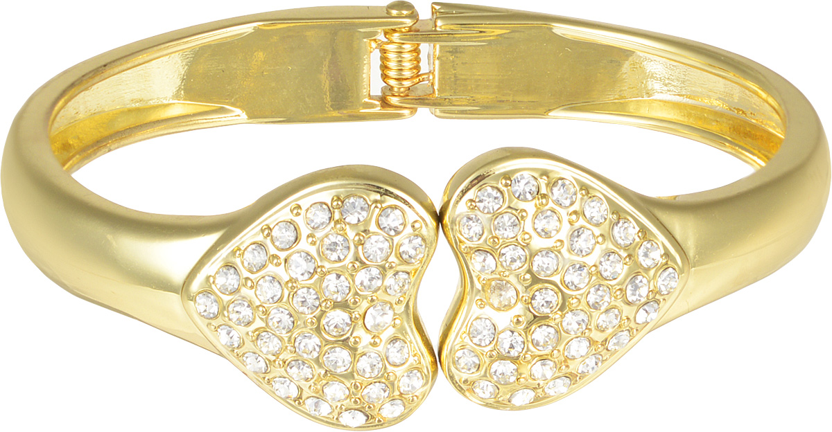 Браслет Taya, цвет: золотой. T-B-7088-BRAC-GOLDT-B-7088-BRAC-GOLD Браслет Taya, цвет: золотой. T-B-7088-BRAC-GOLDT-B-7088-BRAC-GOLDСтильный браслет оригинального дизайна изготовлен из бижутерного сплава. Изделие выполнено с небольшим проемом. На кончиках проема браслет оформлен нежными серцами с вкраплением из страз. Благодаря своей конструкции изделие имеет универсальный размер.