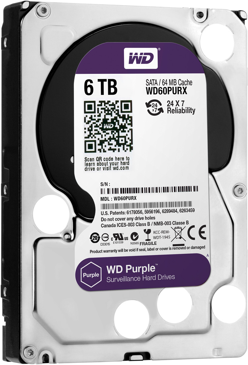 WD Purple 6TB внутренний жесткий диск (WD60PURX)WD60PURX WD Purple 6TB внутренний жесткий диск (WD60PURX)WD60PURXЖесткие диски WD Purple специально разработаны для круглосуточной эксплуатации в системах видео наблюдения высокой четкости. Диски WD Purple поддерживают использование до восьми жестких дисков и до 32 камер, то есть они действительно оптимизированы для видеонаблюдения. В накопителях для жестких дисков WD Purple также реализована уникальная технология WD AIIFrame, благодаря которой вы можете уверенно создать систему обеспечения безопасности, полностью соответствующую потребностям вашего бизнеса. Благодаря технологии AIIFrame диски WD Purple улучшают потоковую передачу АТА для сокращения количества ошибок, вызывающих распад изображения и перебои в записи, которые могут возникать в системах видеонаблюдения. WD - мировой лидер в производстве жестких дисков. Жесткие диски WD Purple специально разработаны для круглосуточной работы при высоких температурах в системах круглосуточного видеонаблюдения, так что они обеспечивают надежное и качественное воспроизведение...