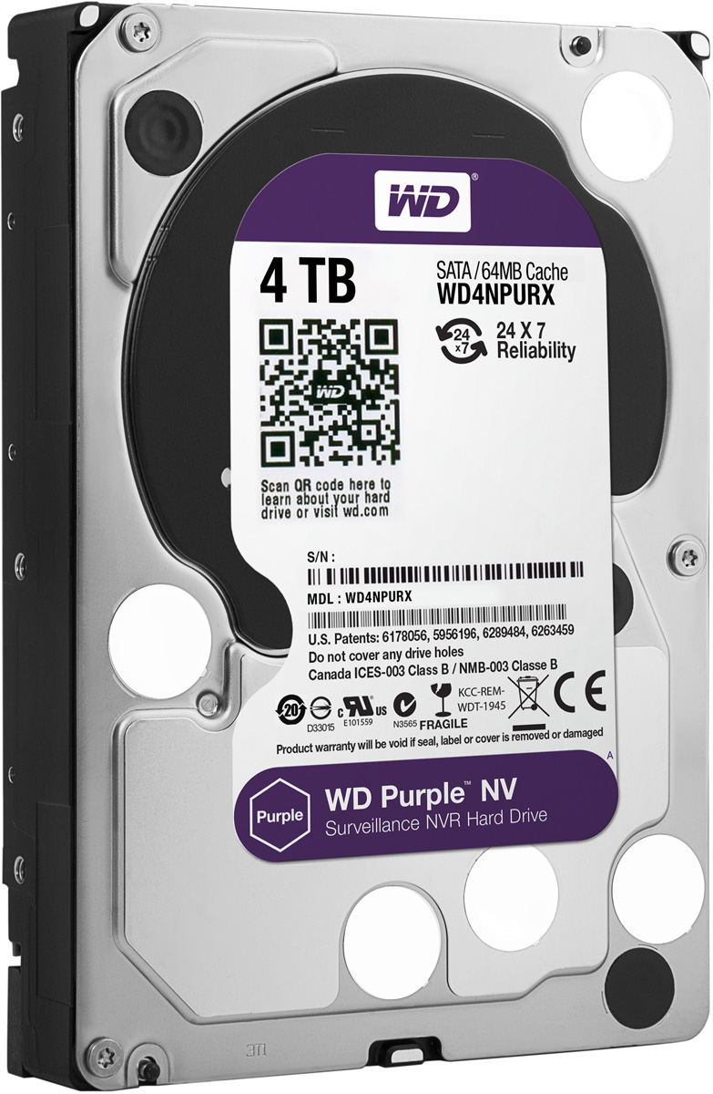 WD Purple NV 4TB внутренний жесткий диск (WD4NPURX)WD4NPURX WD Purple NV 4TB внутренний жесткий диск (WD4NPURX)WD4NPURXЖесткие диски WD Purple специально разработаны для круглосуточной эксплуатации в системах видео наблюдения высокой четкости. Диски WD Purple поддерживают использование до восьми жестких дисков и до 32 камер, то есть они действительно оптимизированы для видеонаблюдения. В накопителях для жестких дисков WD Purple также реализована уникальная технология WD AIIFrame, благодаря которой вы можете уверенно создать систему обеспечения безопасности, полностью соответствующую потребностям вашего бизнеса. Благодаря технологии AIIFrame диски WD Purple улучшают потоковую передачу АТА для сокращения количества ошибок, вызывающих распад изображения и перебои в записи, которые могут возникать в системах видеонаблюдения. WD - мировой лидер в производстве жестких дисков. Жесткие диски WD Purple специально разработаны для круглосуточной работы при высоких температурах в системах круглосуточного видеонаблюдения, так что они обеспечивают надежное и качественное воспроизведение...