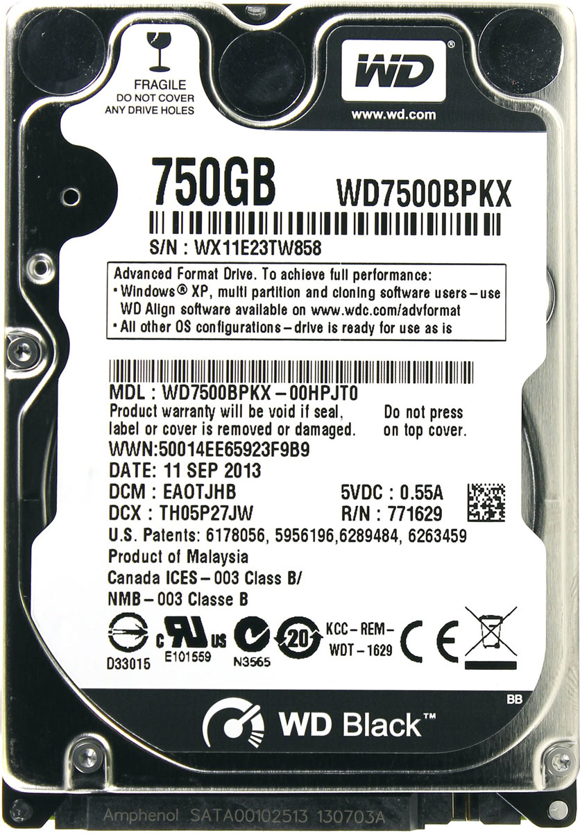 WD Scorpio Black 750GB внутренний жесткий диск (WD7500BPKX)WD7500BPKX WD Scorpio Black 750GB внутренний жесткий диск (WD7500BPKX)WD7500BPKXWD Scorpio Black - внутренний жесткий диск для ноутбуков. Специальные разработки, повышающие быстродействие, обеспечивают скорость, которая вам нужна для таких требовательных задач, как редактирование фото и видео или сетевые игры. Благодаря высокому быстродействию, большой емкости, высокой надежности и применению самых современных технологий модель WD Black — оптимальный выбор для тех, кто требует только самого лучшего. Жесткие диски WD Black имеют скорость вращения 7200 об/мин, 16 МБ кэш-памяти и интерфейс SATA со скоростью передачи данных 6 Гб/с, что позволяет им демонстрировать максимальную скорость работы в сложных задачах для ноутбуков. Технология парковки головок NoTouch Записывающая головка ни при каких обстоятельствах не соприкасается с поверхностью диска, что способствует значительному уменьшению износа головок и дисков, а также более надежной защите накопителей в процессе их перевозки. ...