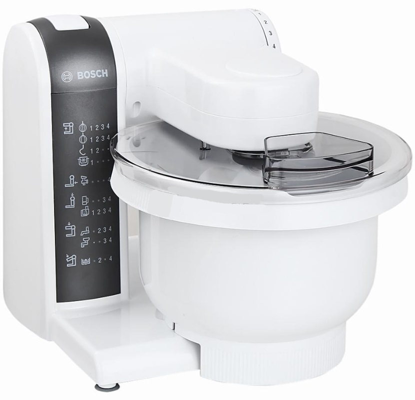 Bosch MUM 4855 кухонный комбайнMUM4855 Bosch MUM 4855 кухонный комбайнMUM4855Кухонный комбайн Bosch MUM 4855: качество Bosch и широкий выбор аксессуаров. Широкий ассортимент насадок: венчик для замешивания жидкого теста, круглый венчик для взбивания крема и яичных белков, насадка для замешивания крутого теста, универсальная резка с тремя дисками для разных типов нарезки, мясорубка, блендер и подставка-держатель для аксессуаров. MultiMotion Drive: идеальное смешивание ингредиентов благодаря планетарному принципу вращения насадок. Прост в использовании и безопасен. Аксессуары можно мыть в посудомоечной машине. 4-ступенчатая регулировка скорости вращения, функция парковки (остановка принадлежностей в заданном положении). Многофункциональный рычаг для крепления насадок в разных положениях с тремя валами привода. Чаша для замешивания из пластика, возможность замеса до 2,7 кг теста (1 кг муки + ингредиенты), полупрозрачная крышка с отверстием для загрузки. Крюк для теста, венчик для жидкого теста, венчик для взбивания. ...