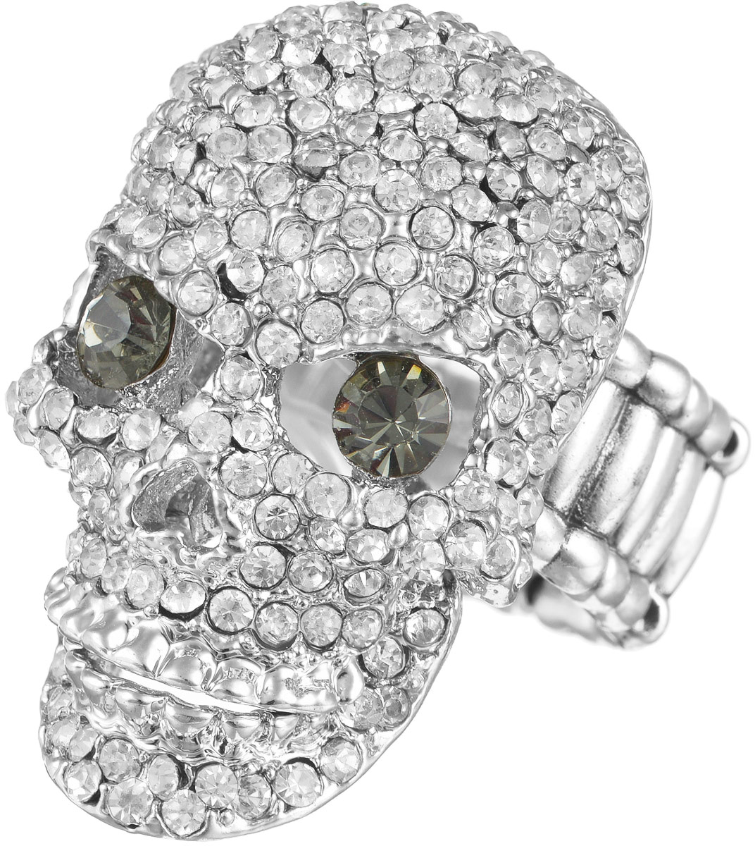 Кольцо женское Taya, цвет: серебристый, зеленый. T-B-9262T-B-9262-RING-SILVER Кольцо женское Taya, цвет: серебристый, зеленый. T-B-9262T-B-9262-RING-SILVERОригинальное безразмерное кольцо Taya выполнено из бижутерного сплава, оформлено в виде черепа и инкрустировано стразами. Нижняя челюсть подвижная, может открываться и закрываться. Регулируется кольцо с помощью эластичной резинки. Такое кольцо это блестящее завершение вашего неповторимого и смелого образа и отличный подарок для ценительницы необычных украшений!