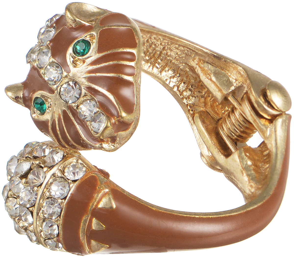 Кольцо женское Taya, цвет: золотистый, коричневый. T-B-5877T-B-5877-RING-GL.BROWN Кольцо женское Taya, цвет: золотистый, коричневый. T-B-5877T-B-5877-RING-GL.BROWNОригинальное безразмерное кольцо Taya выполнено из бижутерного сплава и оформлено в виде головы животного и дополнено стразами и эмалью. Модель регулируется при помощи пружинного механизма. Такое кольцо это блестящее завершение вашего неповторимого и смелого образа и отличный подарок для ценительницы необычных украшений!