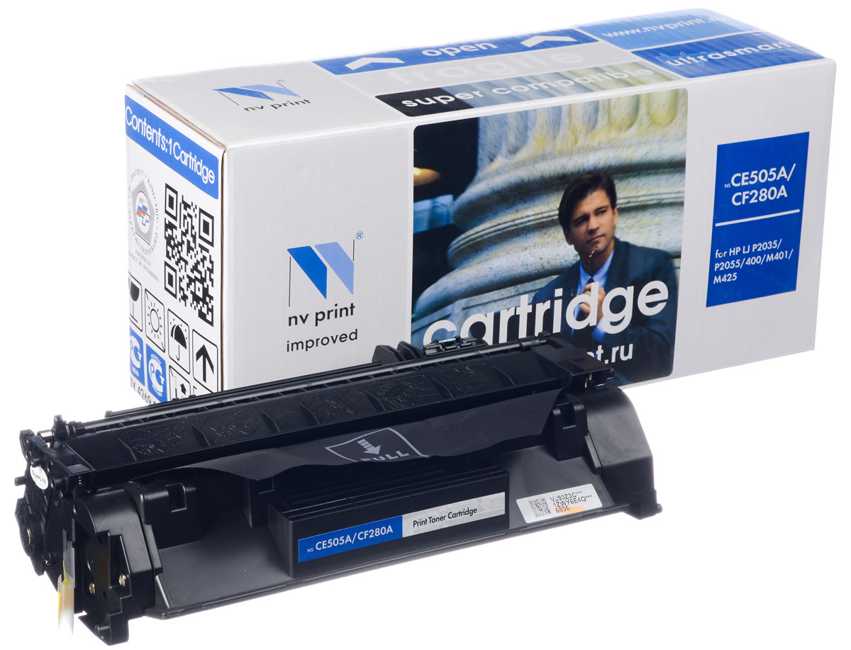 NV Print NV-CF280A/CE505A, Black тонер-картридж для HP LaserJet P2035/P2055/400/M401/M425NV-CF280A/CE505A NV Print NV-CF280A/CE505A, Black тонер-картридж для HP LaserJet P2035/P2055/400/M401/M425NV-CF280A/CE505AСовместимый лазерный картридж NV Print NV-CF280A/CE505A для печатающих устройств HP - это альтернатива приобретению оригинальных расходных материалов. При этом качество печати остается высоким. Картридж обеспечивает повышенную чёткость чёрного текста и плавность переходов оттенков серого цвета и полутонов, позволяет отображать мельчайшие детали изображения. Лазерные принтеры, копировальные аппараты и МФУ являются более выгодными в печати, чем струйные устройства, так как лазерных картриджей хватает на значительно большее количество отпечатков, чем обычных. Для печати в данном случае используются не чернила, а тонер.