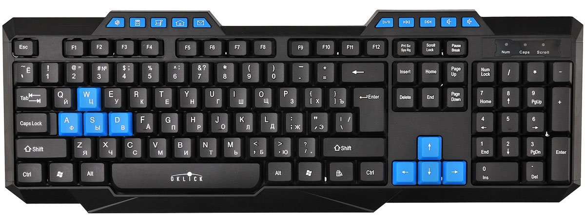 Oklick 750G, Black клавиатура игровая337452 Oklick 750G, Black клавиатура игровая337452Oklick 750G Frost War - это 114-клавишная клавиатура в игровом дизайне, выполненная из прочного матового пластика черного цвета. Клавиши - полноразмерные со стандартным профилем, мягким ходом средней длины. Те, что являются мультимедийными, а также часто используемые при игре, выделены голубым цветом, что не только удобно, но и красиво. Корпус клавиатуры имеет изогнутые линии, характерные для игровых моделей. На нижней стороне клавиатуры расположены две прорезиненные ножки, препятствующие скольжению и две откидные ножки для регулировки уровня наклона клавиатуры. Наличие дренажных отверстий обеспечивает быстрый вывод влаги в случае пролива жидкости на клавиатуру.