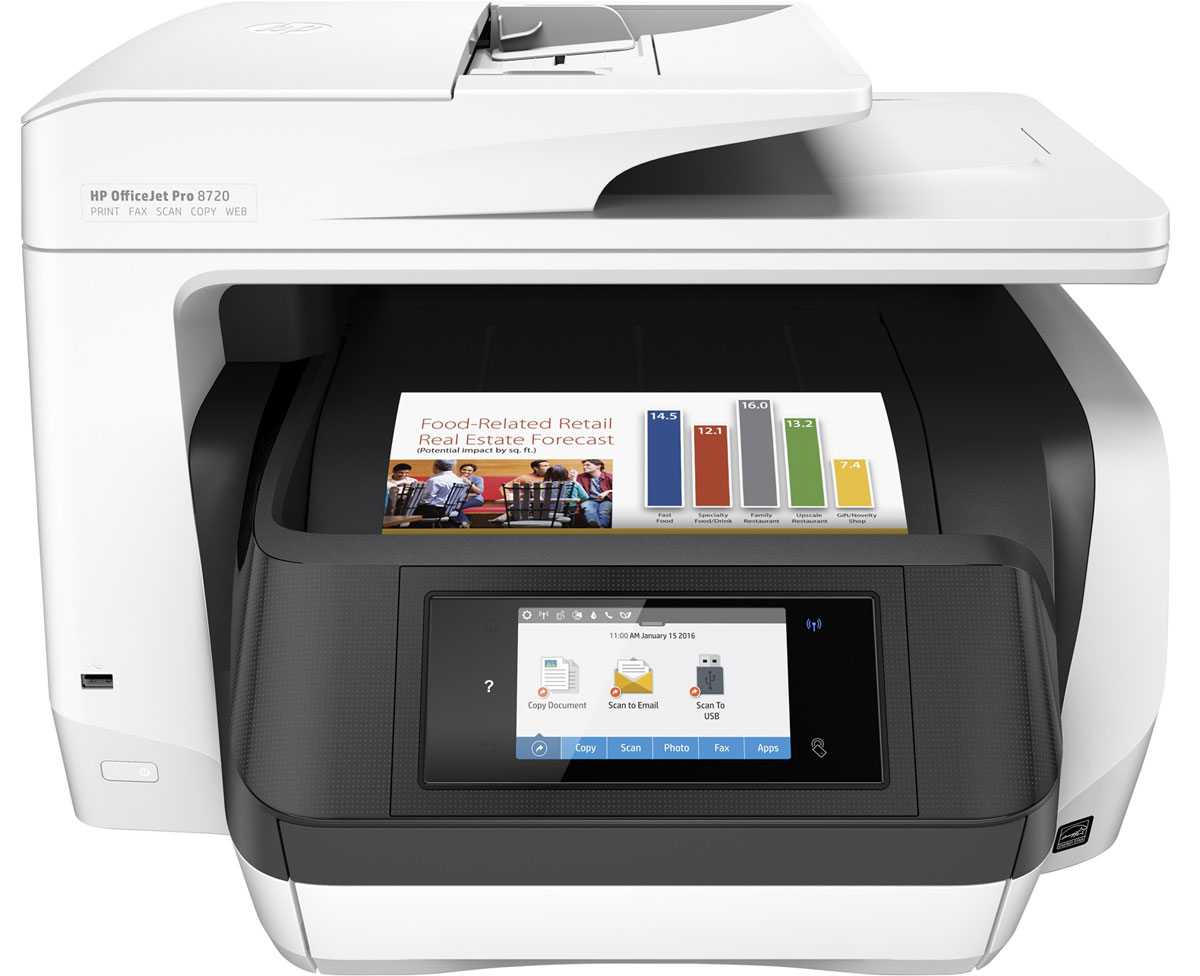 HP Officejet Pro 8720 МФУ (D9L19A)D9L19A HP Officejet Pro 8720 МФУ (D9L19A)D9L19AМФУ HP Officejet Pro 8720 отвечает всем требованиям современных офисов. Контролируйте расходы благодаря доступной цветной печати профессионального качества. Экономьте бумагу и поддерживайте производительность на стабильно высоком уровне благодаря быстрой двусторонней печати и функциям, предназначенным специально для больших объемов офисных задач. Превосходный уровень профессиональной офисной цветной печати Экономьте на цветной печати профессионального качества благодаря практически вдвое меньшей стоимости одной страницы по сравнению с лазерными принтерами. Дополнительные оригинальные картриджи HP увеличенной емкости позволяют в три раза увеличить объем печати. Оцените профессиональное качество цветной и черно-белой печати отчетов, писем и многого другого. Выполняйте печать документов, устойчивых к воздействию влаги, смазыванию, выцветанию и выделению маркером. Инновационная конструкция обеспечивает непревзойденную...