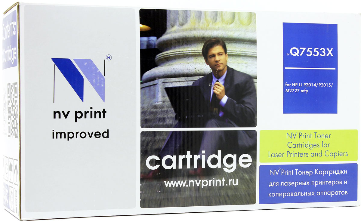 NV Print NV-Q7553X, Black тонер-картридж для HP LaserJet P2014/P2015/M2727NV-Q7553X NV Print NV-Q7553X, Black тонер-картридж для HP LaserJet P2014/P2015/M2727NV-Q7553XСовместимый лазерный картридж NV Print NV-Q7553X для печатающих устройств HP LaserJet и Canon - это альтернатива приобретению оригинальных расходных материалов. При этом качество печати остается высоким. Картридж обеспечивает повышенную чёткость чёрного текста и плавность переходов оттенков серого цвета и полутонов, позволяет отображать мельчайшие детали изображения. Лазерные принтеры, копировальные аппараты и МФУ являются более выгодными в печати, чем струйные устройства, так как лазерных картриджей хватает на значительно большее количество отпечатков, чем обычных. Для печати в данном случае используются не чернила, а тонер.