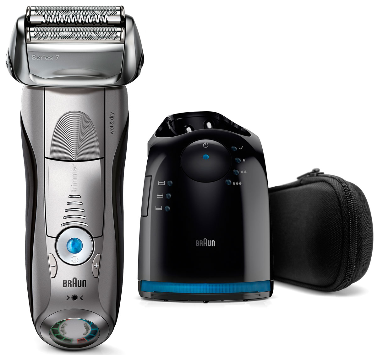 Braun Series 7 7899cc Wet&Dry, Grey электробритва81576296 Braun Series 7 7899cc Wet&Dry, Grey электробритва81576296Ультразвуковая технология электробритвы Braun Series 7 7899cc Wet&Dry считывает и адаптируется к особенностям вашей щетины, определяя ее густоту и при необходимости усиливая мощность бритья. 4 специальных бреющих элемента захватывают больше волосков одним движением, обеспечивая гладкое и комфортное бритье без компромиссов. Преимущества: 5 режимов бритья, от чувствительного до турбо, позволяют подобрать оптимальный для вашего типа кожи и предпочтений Бреющие элементы позволяют уменьшить количество движений и раздражение кожи В комплект входит четырехэтапная станция очистки и подзарядки Clean&Charge, которая после одного нажатия кнопки тщательно очищает и смазывает бритву, обновляя ее.