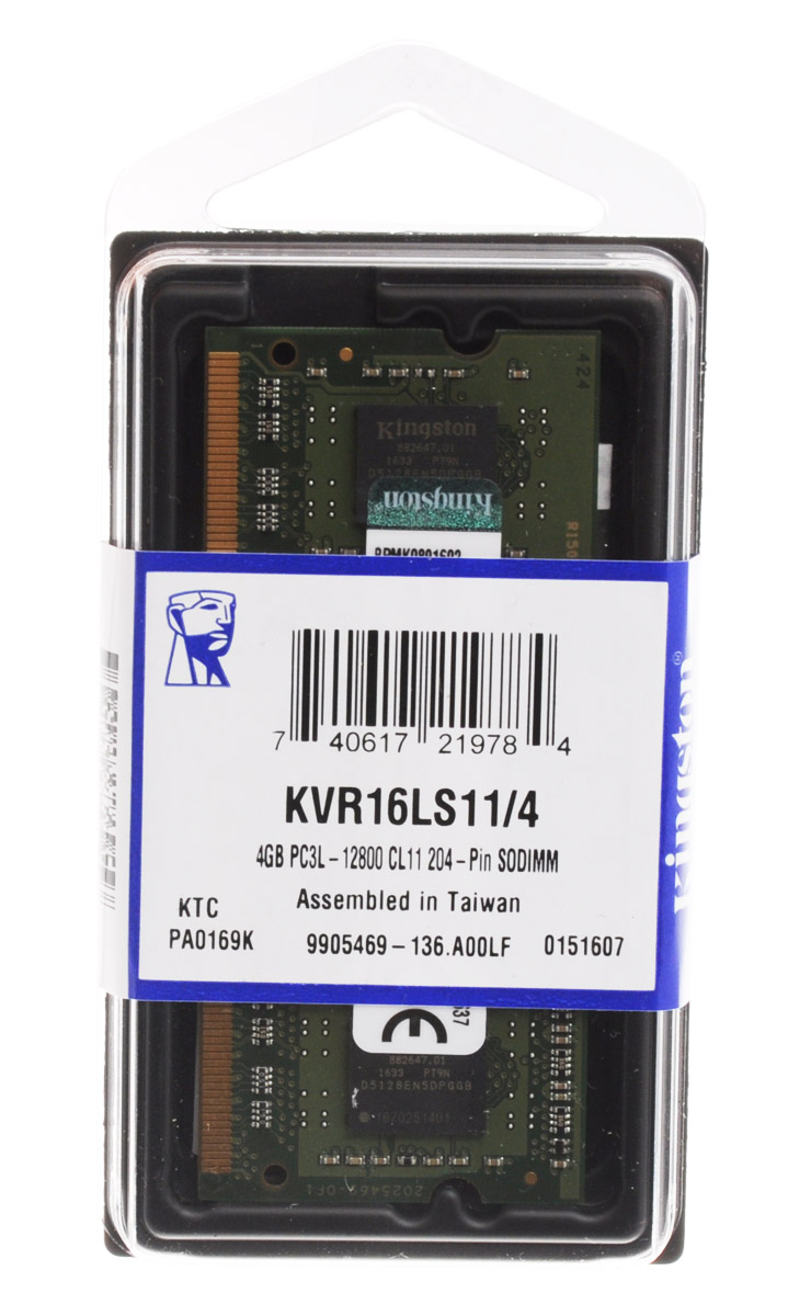 Kingston DDR3L 4GB 1600 МГц модуль оперативной памяти (KVR16LS11/4)KVR16LS11/4 Kingston DDR3L 4GB 1600 МГц модуль оперативной памяти (KVR16LS11/4)KVR16LS11/4Модуль оперативной памяти Kingston типа DDR3L для ноутбуков обеспечивает увеличенную рабочую частоту (по сравнению с DDR2) при сниженном тепловыделении и экономном энергопотреблении. Напряжение питания при работе составляет 1,35 В. В модуле также имеется 8 чипов с односторонним расположением. Объем памяти 4 ГБ позволит свободно работать со стандартными, офисными и профессиональными программами, а также современными нетребовательными играми. Работа осуществляется при тактовой частоте 1600 МГц и пропускной способности, достигающей до 12800 Мб/с, что гарантирует качественную синхронизацию и быструю передачу данных, а также возможность выполнения множества действий в единицу времени. Параметры тайминга 11-11-11 гарантируют быструю работу системы. ValueRAM Kingston - это модули памяти, изготовленные в соответствии с отраслевыми стандартами, обеспечивающие непревзойденную производительность и отличающиеся легендарной надежностью Kingston.