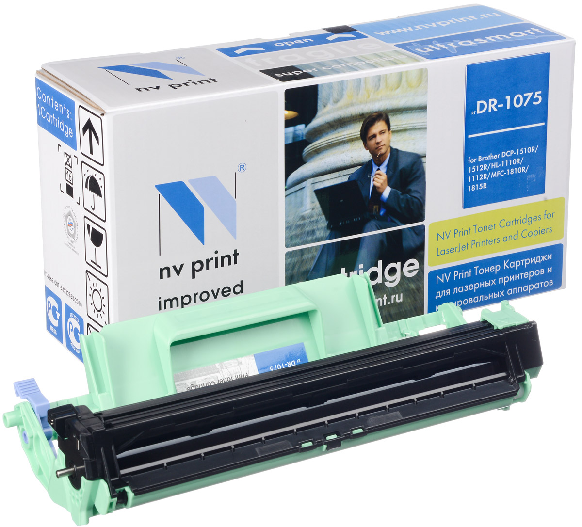 NV Print DR1075, Black фотобарабан для Brother DCP-1510R/DCP-1512R/HL-1110R/HL-1112R/MFC-18NV-DR1075 NV Print DR1075, Black фотобарабан для Brother DCP-1510R/DCP-1512R/HL-1110R/HL-1112R/MFC-18NV-DR1075Совместимый лазерный картридж NV Print DR1075 для печатающих устройств Brother - это альтернатива приобретению оригинальных расходных материалов. При этом качество печати остается высоким. Картридж обеспечивает повышенную чёткость чёрного текста и плавность переходов оттенков серого цвета и полутонов, позволяет отображать мельчайшие детали изображения. Лазерные принтеры, копировальные аппараты и МФУ являются более выгодными в печати, чем струйные устройства, так как лазерных картриджей хватает на значительно большее количество отпечатков, чем обычных. Для печати в данном случае используются не чернила, а тонер.