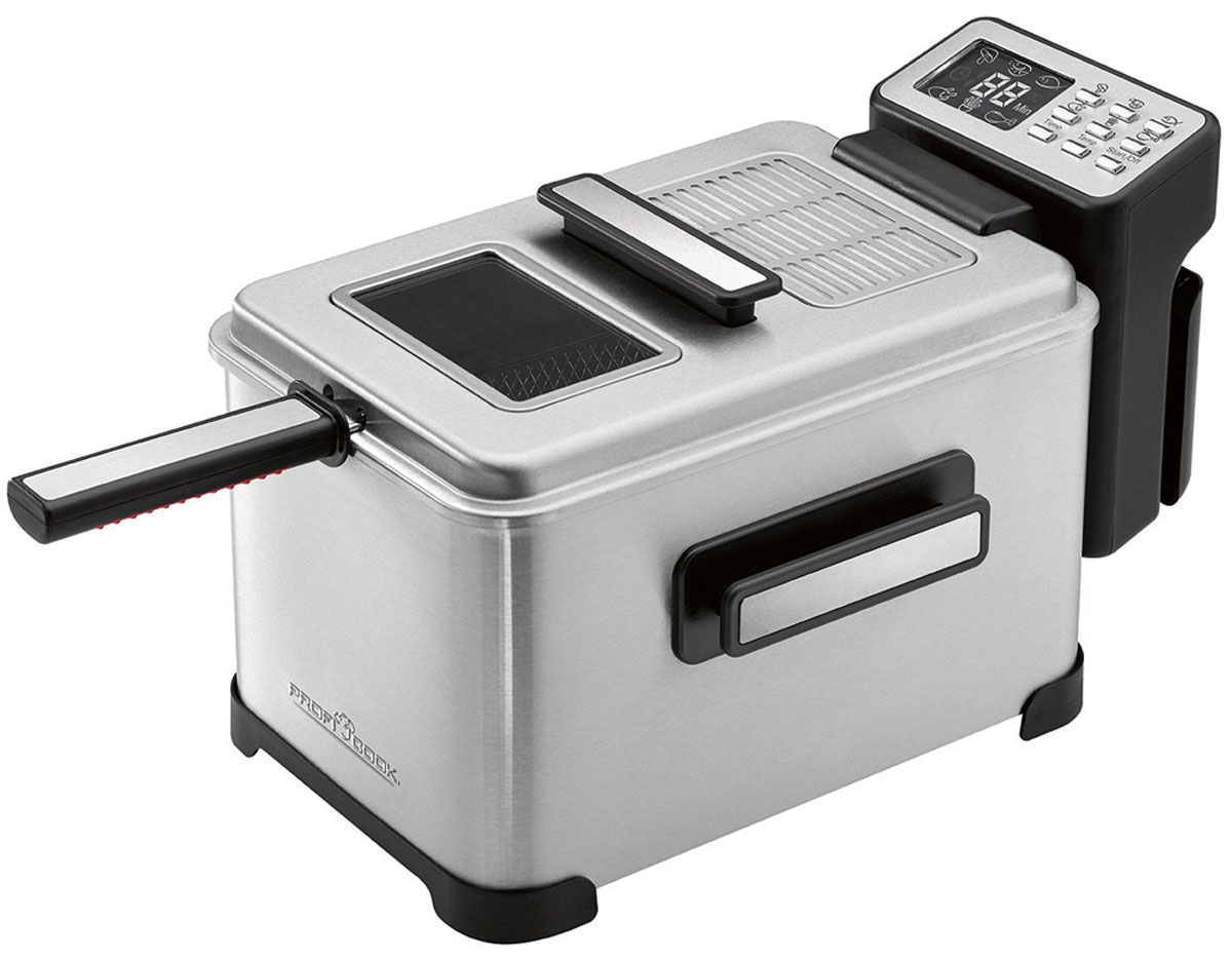 Profi Cook PC-FR 1088, Silver фритюрницаPC-FR 1088 Profi Cook PC-FR 1088, Silver фритюрницаPC-FR 1088Фритюрница Profi Cook PC-FR 1088 в прочном стальном корпусе очень удобна в эксплуатации благодаря электронному управлению. 6 программ, для которых уже установлена температура и время обжарки во фритюре значительно упростят процесс приготовления. Помимо автоматических программ можно использовать ручной режим регулирования температуры и времени с собственными настройками. Технология Холодная зона - нагревательная спираль погружена непосредственно в масло для быстрого нагрева и обжарки без запаха ЖК-дисплей Контейнер для масла и спираль съемные Крышка с обзорным окном Прорезиненная ручка корзины Фильтр от запахов Ручки для переноски Место намотки кабеля Температуру можно регулировать от 140°С до 190°С с шагом 5°С