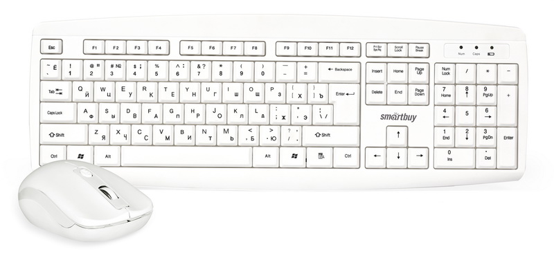 Smartbuy One 212332AG, White клавиатура + мышьSBC-212332AG-W Smartbuy One 212332AG, White клавиатура + мышьSBC-212332AG-WКомплект из беспроводной клавиатуры и мыши Smartbuy One 212332AG позволяет работать продолжительное время, используя один комплект батареек. Компьютерная мышь имеет высокое разрешение и подходит как для игр, так и для офисной работы. Эргономичная форма подойдет для работы как правой, так и левой рукой. Используется только один нано-ресивер для работы как клавиатуры, так и мыши. Световая индикация низкого уровня заряда напомнит о своевременной замене батарей.