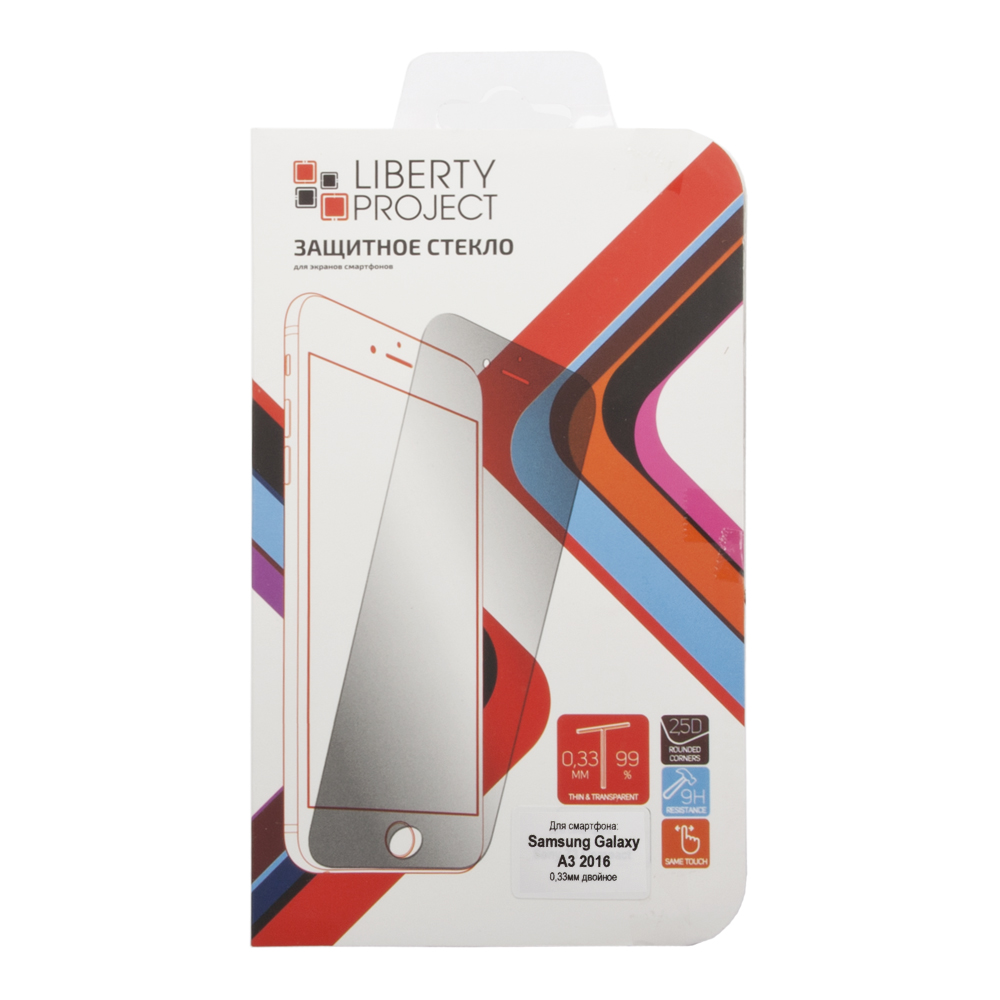 Liberty Project Tempered Glass защитное стекло для Samsung Galaxy A3 2016, двойное (0,33 мм)0L-00027155 Liberty Project Tempered Glass защитное стекло для Samsung Galaxy A3 2016, двойное (0,33 мм)0L-00027155Комплект защитных стекол Liberty Project Tempered Glass для Samsung Galaxy A3 (2016) обеспечивает надежную защиту сенсорного экрана и заднюю сторону устройства от большинства механических повреждений и сохраняет первоначальный вид дисплея, его цветопередачу и управляемость. В случае падения стекло амортизирует удар, позволяя сохранить экран целым и избежать дорогостоящего ремонта. Стекло обладает особой структурой, которая держится на экране без клея и сохраняет его чистым после удаления. Силиконовый слой предотвращает разлет осколков при ударе.