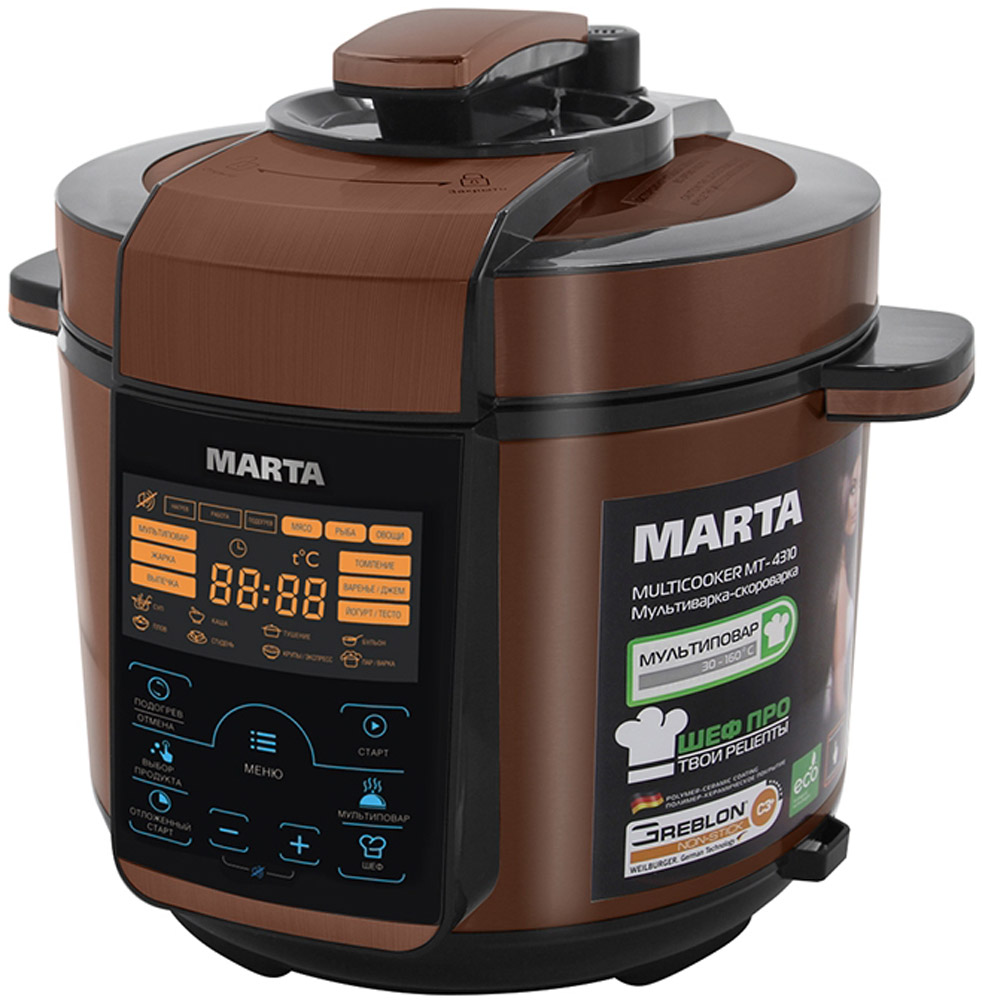 Marta MT-4310, Black Red мультиваркаMT-4310 Marta MT-4310, Black Red мультиваркаMT-4310900 W, работа под давлением и без, сталь, толстостенная чаша 5 л, Greblon С3+ трехслойное полимер-керамическое покрытие, 45 программ (21 автоматическая, 24 ручные), МУЛЬТИПОВАР, ШЕФ, ШЕФ ПРО (память программ пользователя), сенсорное управление, 200 рецепт