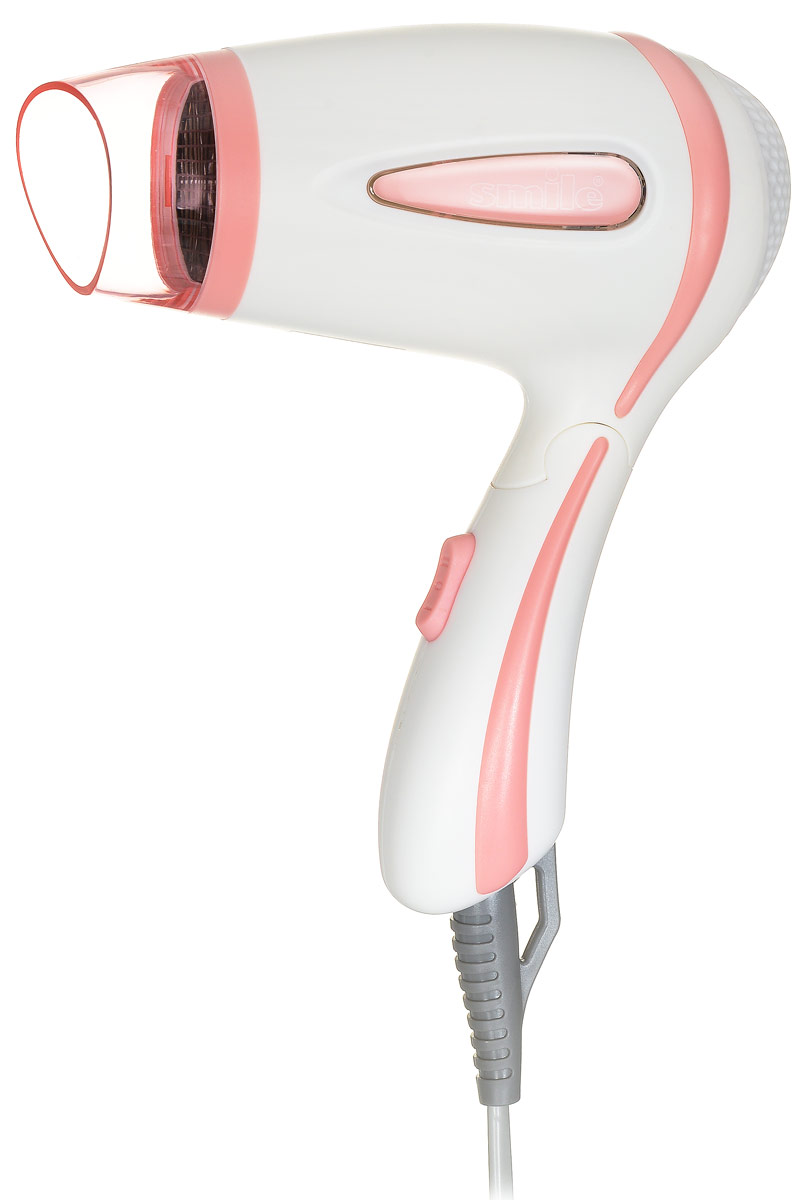 Smile HD 950, White Pink фенHD 950 Smile HD 950, White Pink фенHD 950Фен Smile HD 950 — удобное небольшое устройство с оригинальным дизайном в розовом цвете, предназначенное для быстрой и простой сушки волос, а также для выполнения укладок различной сложности. Складная ручка помогает удобно транспортировать фен и брать его с собой в дорогу. Двухступенчатый переключатель мощности дает возможность выбрать тот темп воздушного потока, который необходим вам в данный конкретный период времени. Защита от перегрева заботится о вашей безопасности, а насадка-концентратор позволяет выполнять сушку отдельных прядей. Наличие петли для подвешивания делает использование фена еще более удобным.