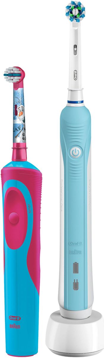 Oral-B Family Pack Pro 500 + Stages Power Frozen набор электрических зубных щеток81603345 Oral-B Family Pack Pro 500 + Stages Power Frozen набор электрических зубных щеток81603345Набор электрических зубных щеток Family Pack (Oral-B Pro 500 и Oral-B Stages Power Frozen). Аккумуляторная зубная щетка Oral-B Pro 500 - одна из самых популярных в модельном ряду щеток Oral-B. Модель имеет отличное соотношение цены и качества, благодаря чему завоевала любовь покупателей. В комплект со щёткой входит новая насадка CrossAction. Благодаря эксклюзивной форме насадки, у которой щетинки расположены под углом 16 градусов друг к другу, происходит эффективная очистка налета с поверхности зубов и линии десны. Перекрестные щетинки разрыхляют, поднимают налет и выметают его из труднодоступных мест, а возвратно-вращательные движения и круглая форма насадки позволяют проникать даже в узкие межзубные промежутки, удаляя оттуда налет и остатки пищи. Oral-B Pro 500 проста в использовании - работает только в одном режиме чистки. В щетку встроен двухминутный таймер, позволяющий соблюдать рекомендуемое стоматологами для чистки время. ...